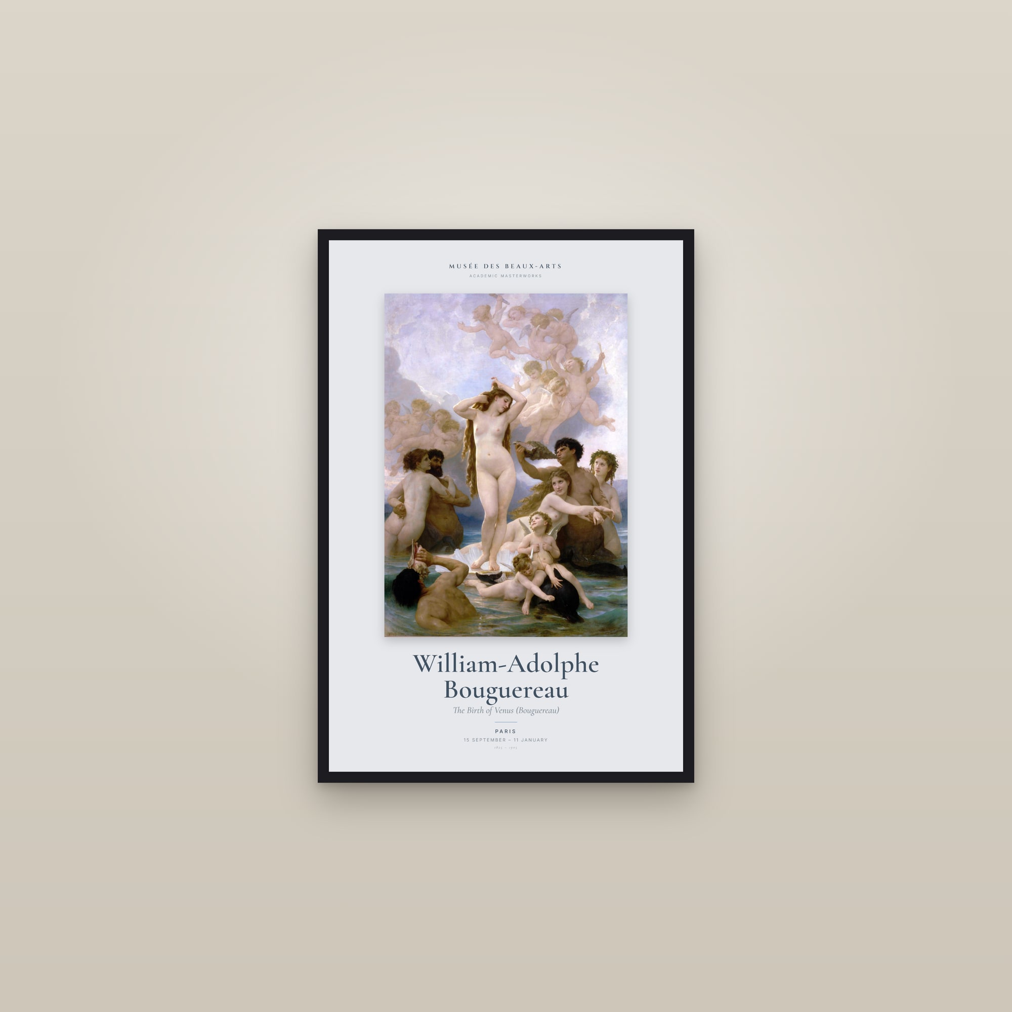 The Birth of Venus (Bouguereau) — Exhibition Poster — framed in a gallery setting