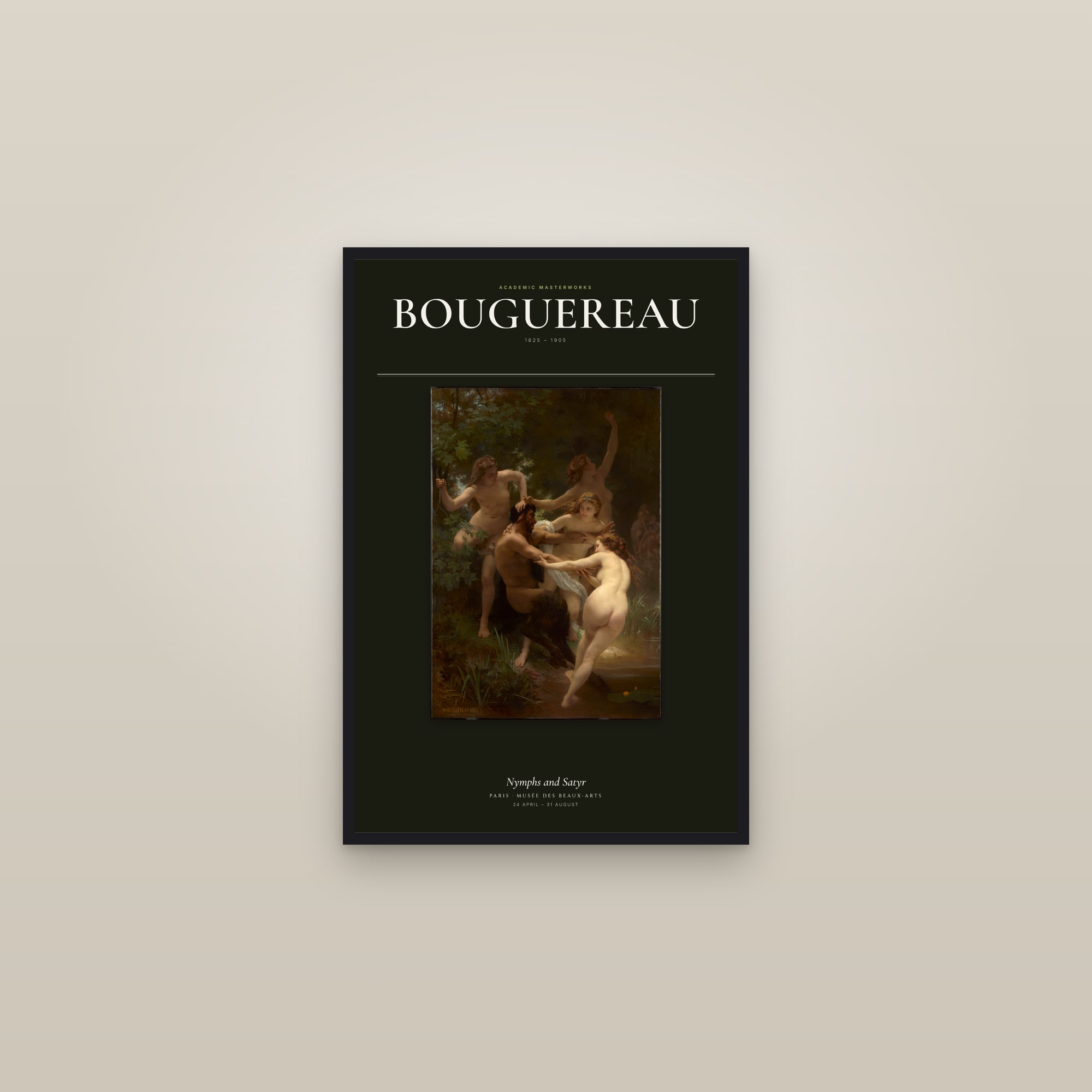 Nymphs and Satyr — Exhibition Poster — framed in a gallery setting