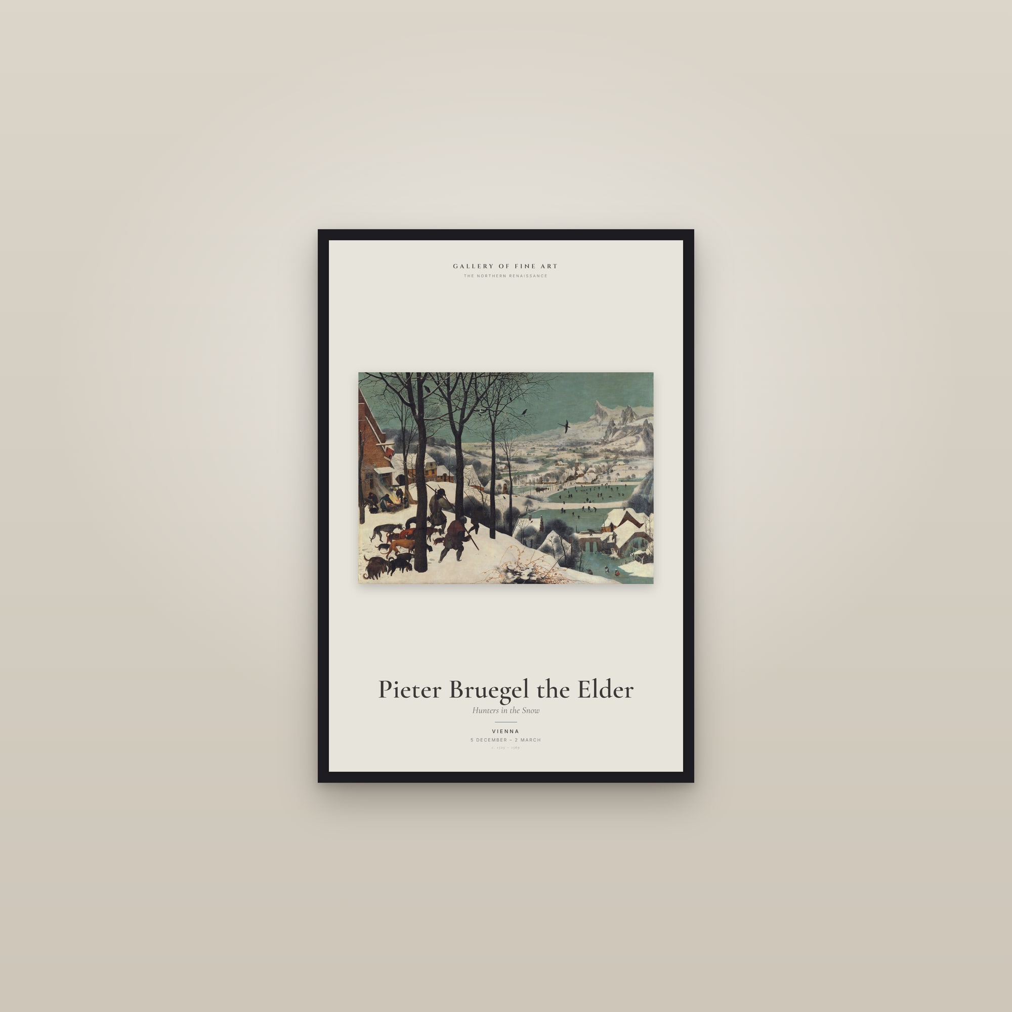 Hunters in the Snow — Exhibition Poster — framed in a gallery setting