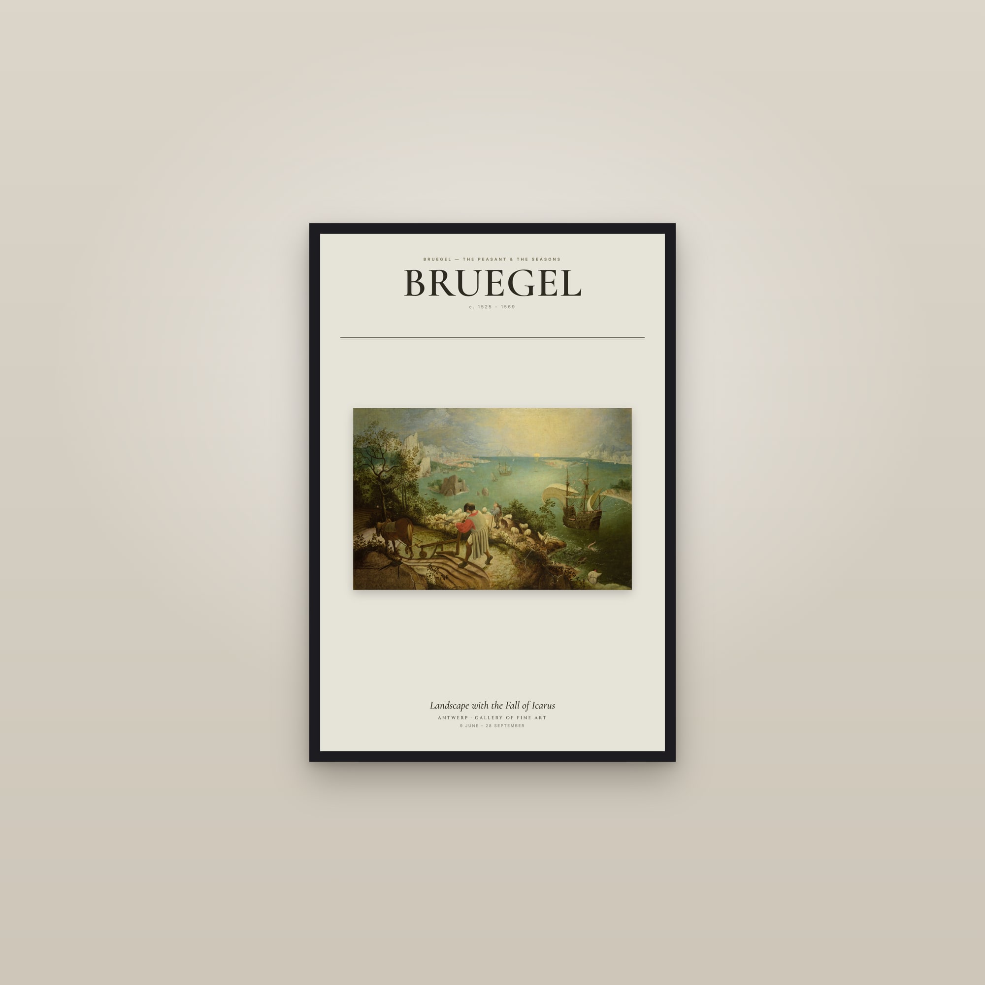 Landscape with the Fall of Icarus — Exhibition Poster — framed in a gallery setting
