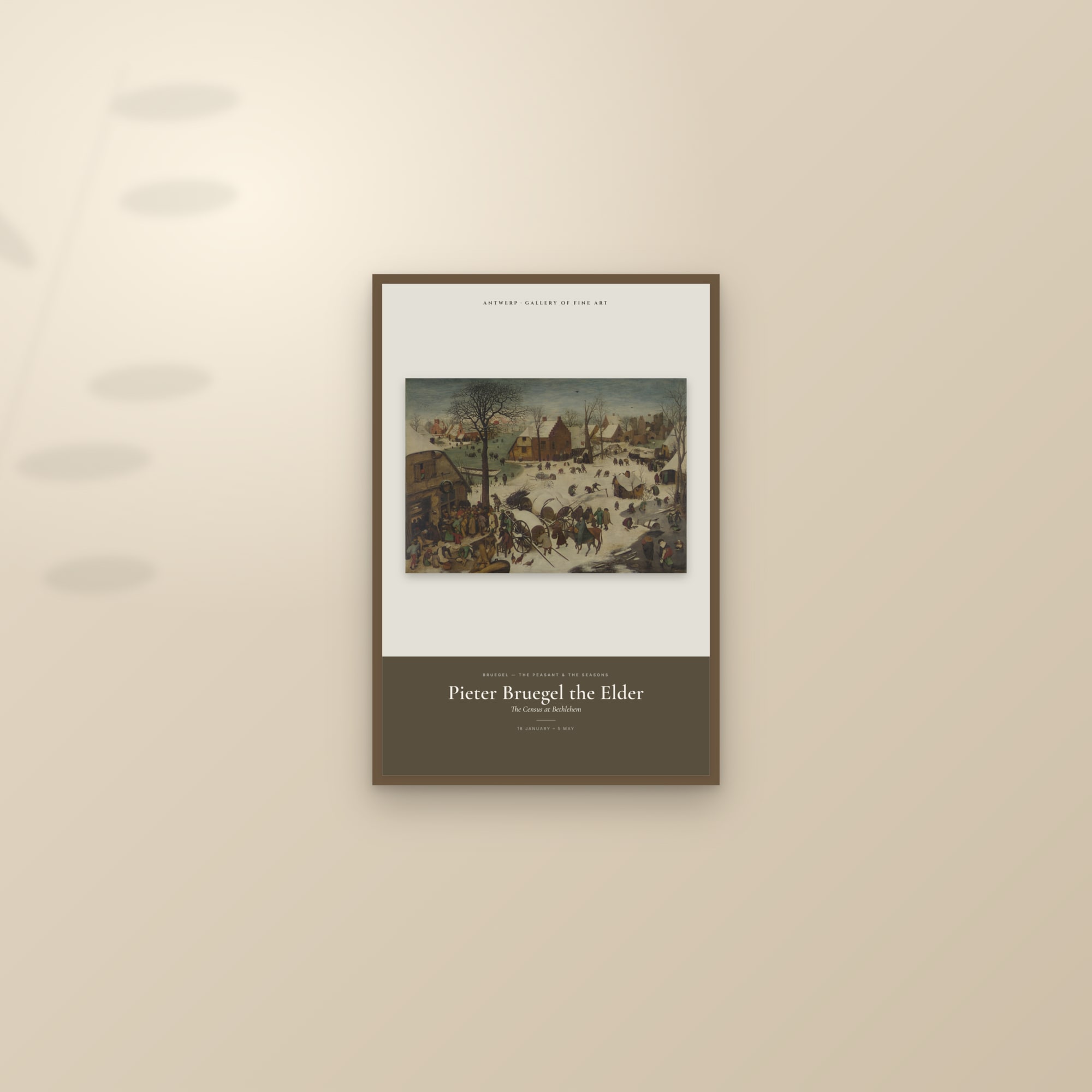 The Census at Bethlehem — Exhibition Poster — framed and styled on a sunlit wall