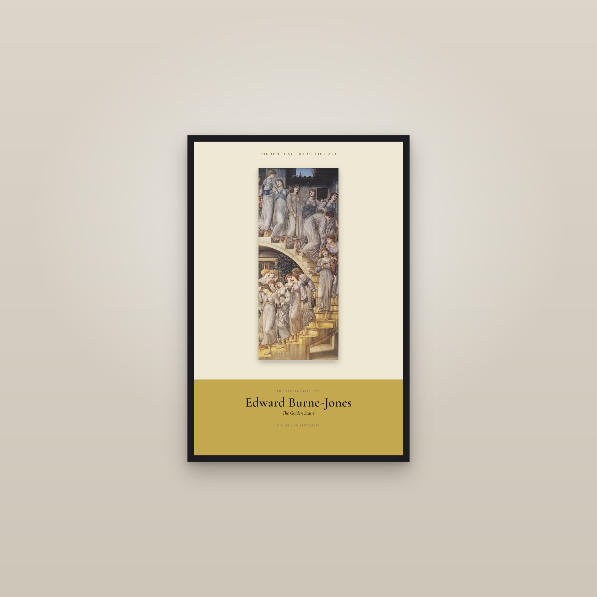 The Golden Stairs — Exhibition Poster — framed in a gallery setting