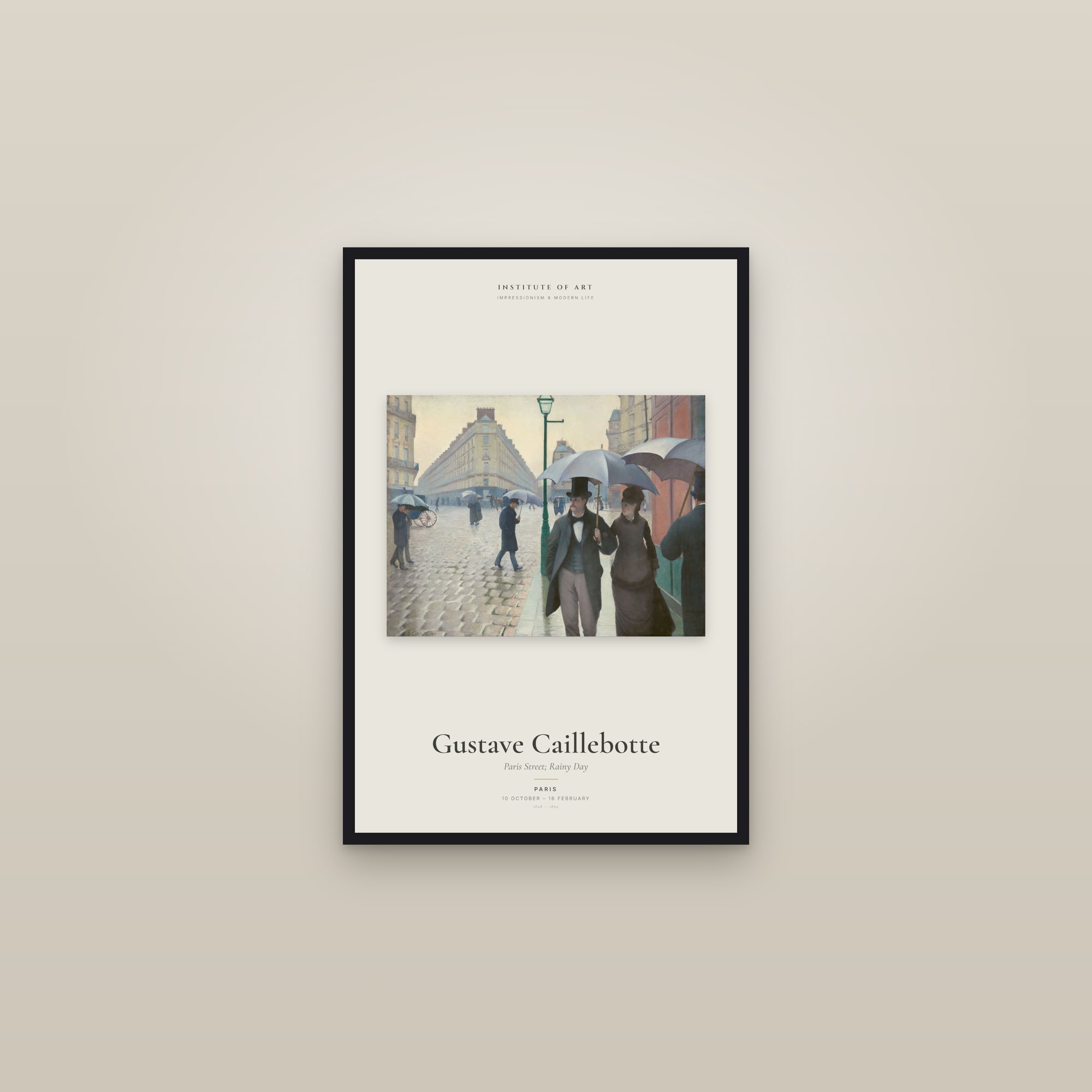 Paris Street; Rainy Day — Exhibition Poster — framed in a gallery setting