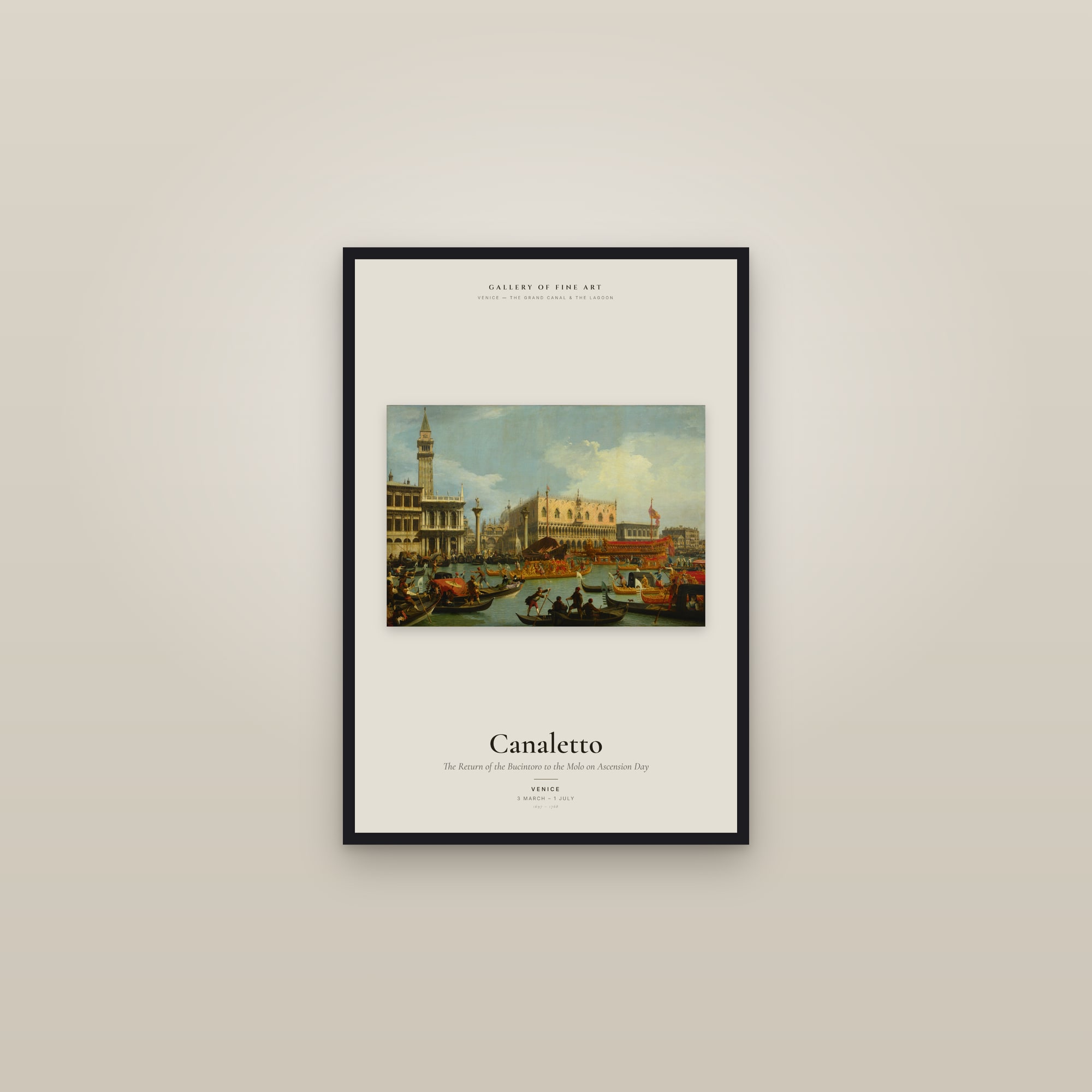 The Return of the Bucintoro to the Molo on Ascension Day — Exhibition Poster — framed in a gallery setting