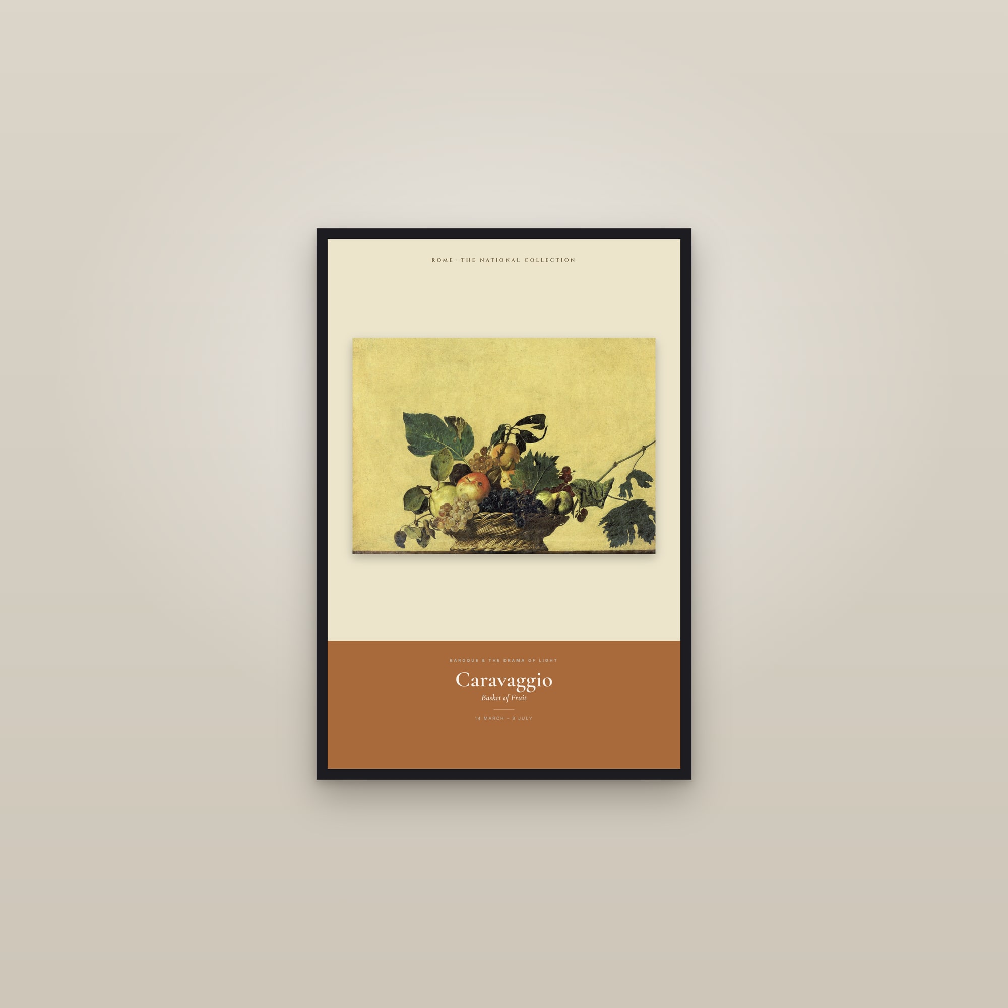 Basket of Fruit — Exhibition Poster — framed in a gallery setting