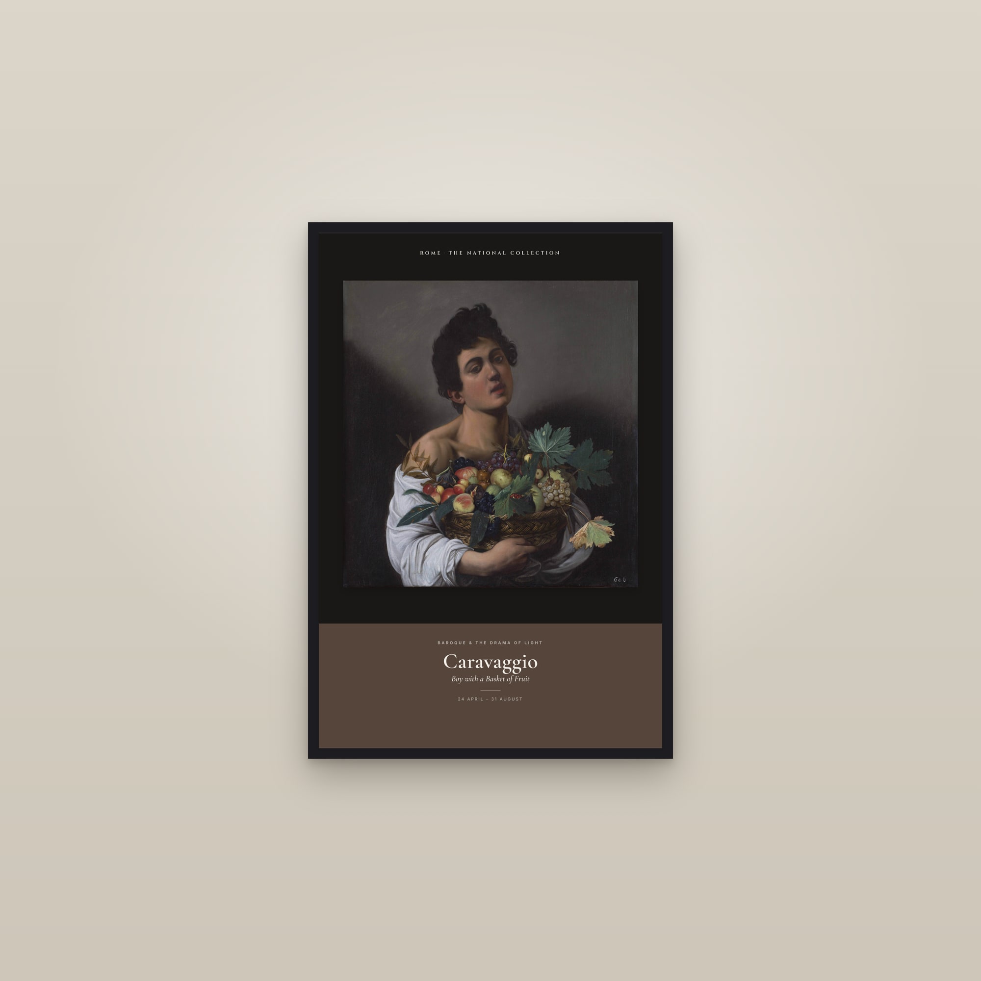 Boy with a Basket of Fruit — Exhibition Poster — framed in a gallery setting