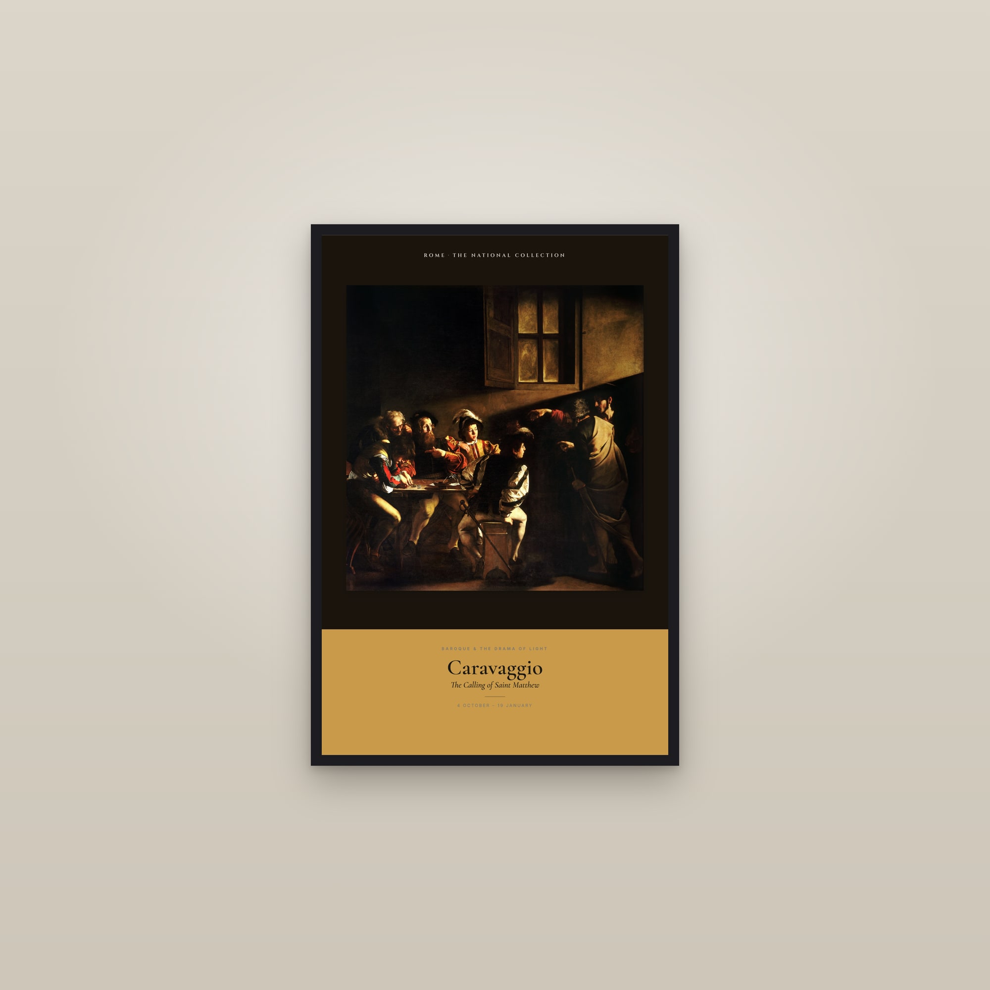 The Calling of Saint Matthew — Exhibition Poster — framed in a gallery setting