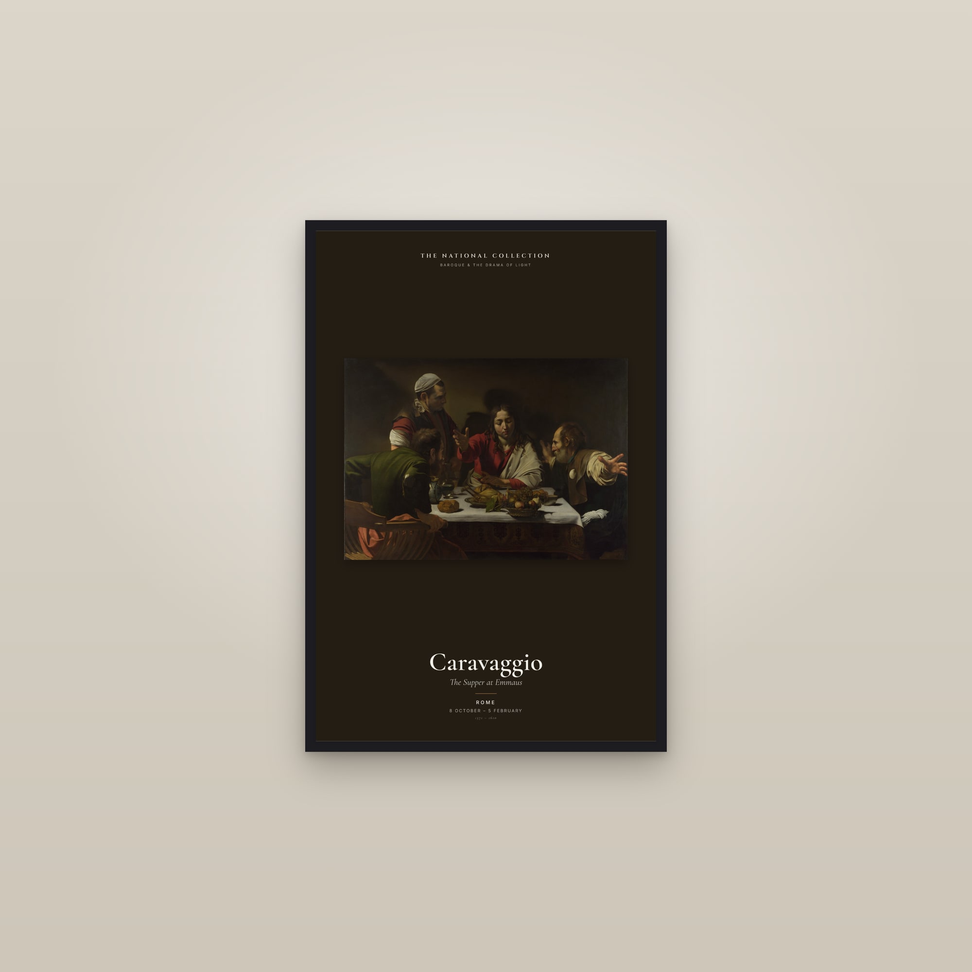 The Supper at Emmaus — Exhibition Poster — framed in a gallery setting