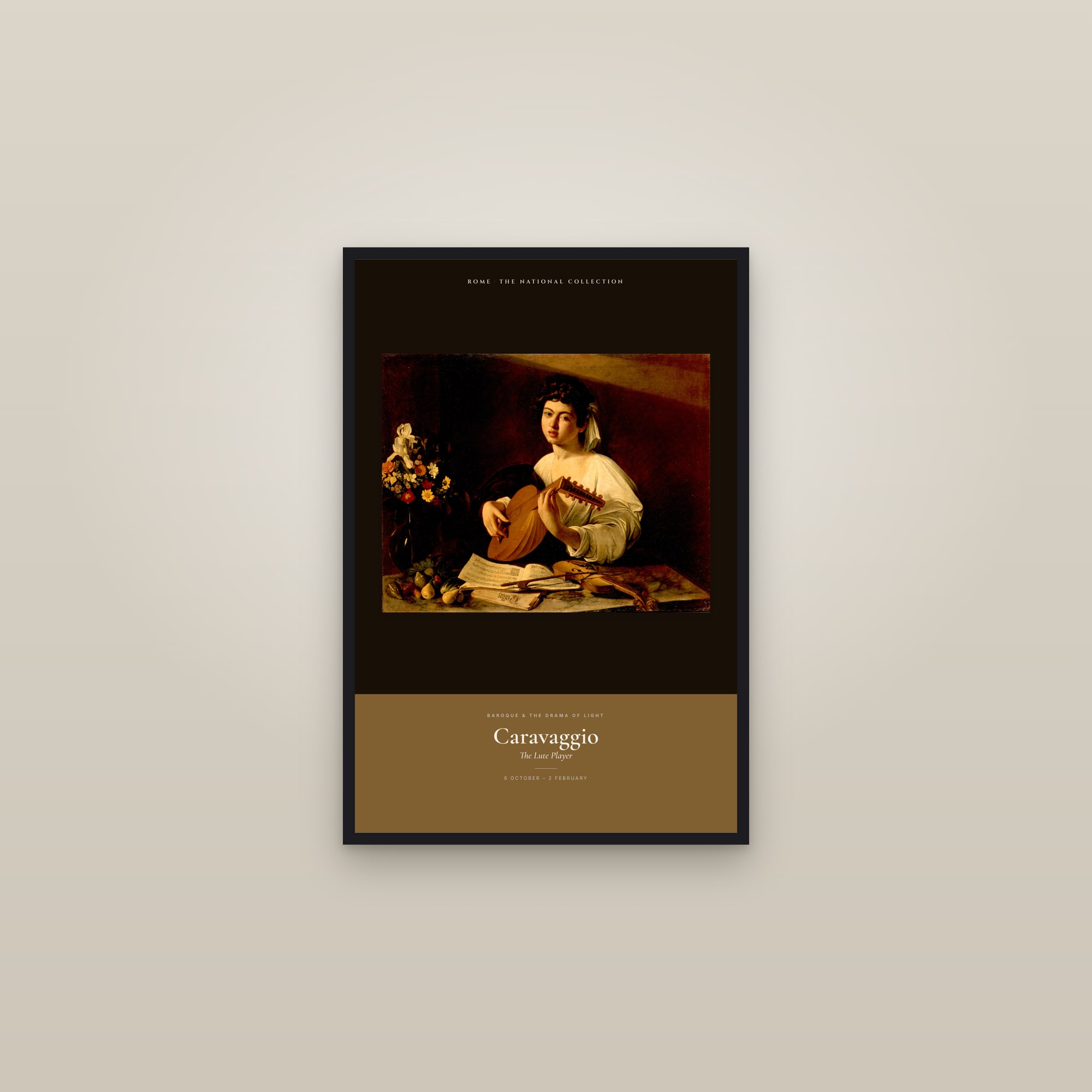 The Lute Player — Exhibition Poster — framed in a gallery setting