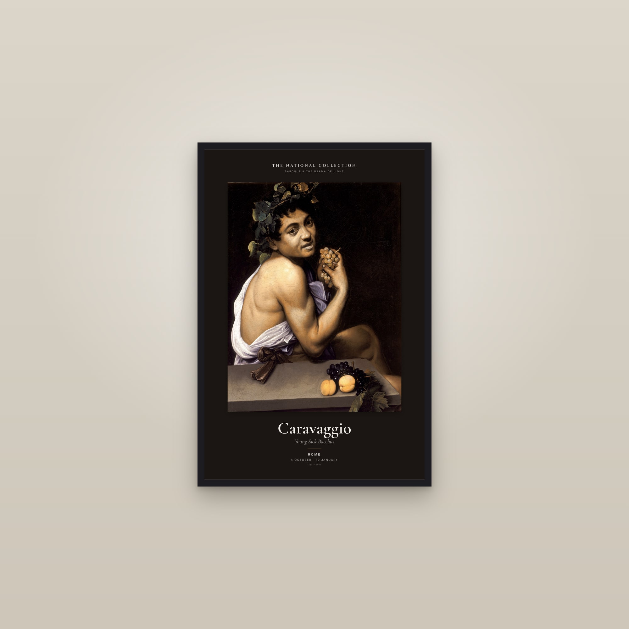 Young Sick Bacchus — Exhibition Poster — framed in a gallery setting
