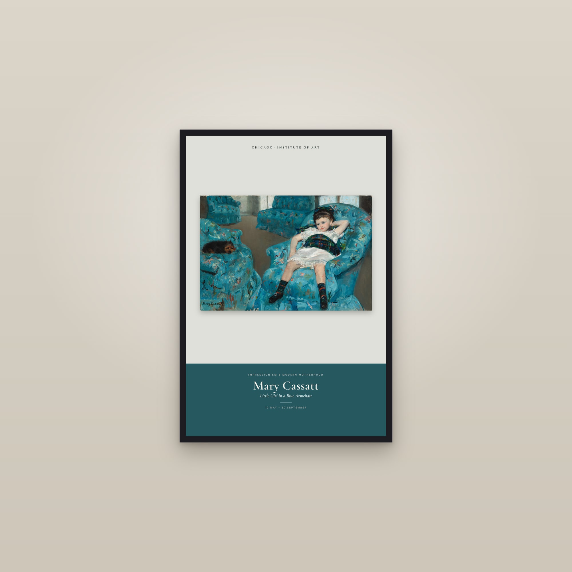 Little Girl in a Blue Armchair — Exhibition Poster — framed in a gallery setting