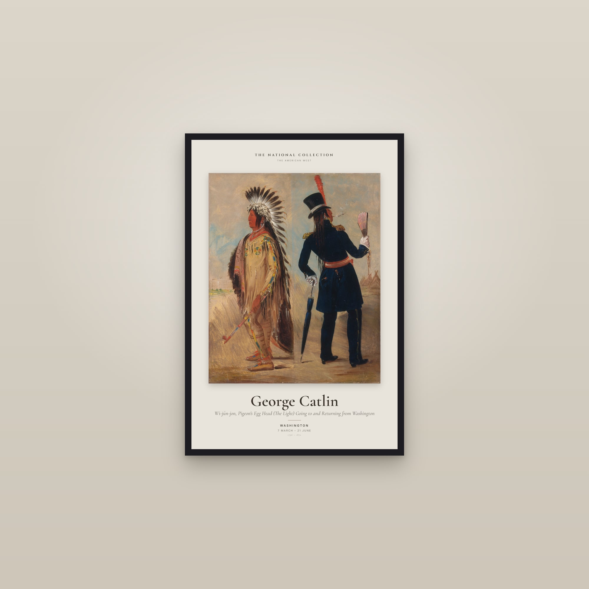 Wi-jún-jon, Pigeon's Egg Head (The Light) Going to and Returning from Washington — Exhibition Poster — framed in a gallery setting