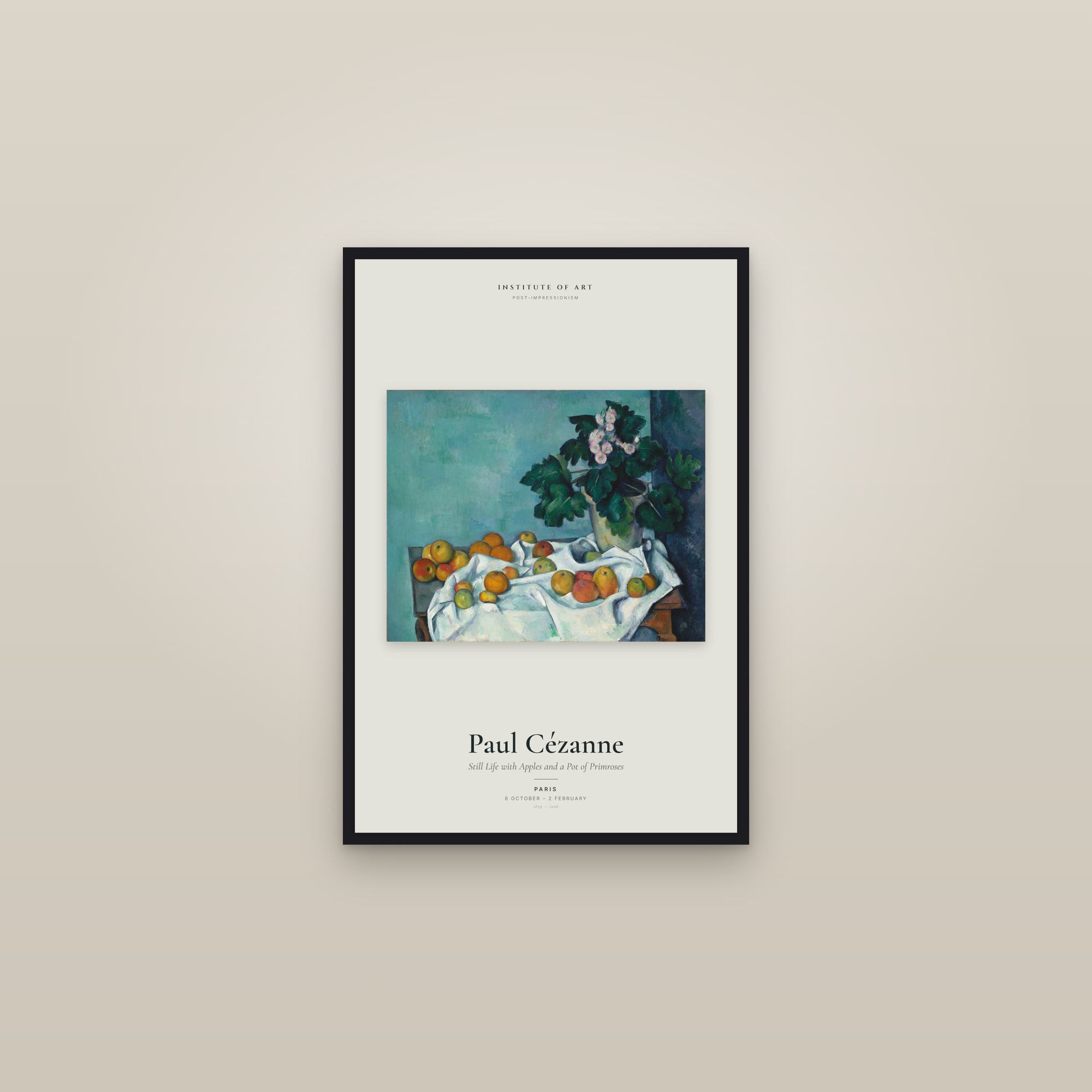Still Life with Apples and a Pot of Primroses — Exhibition Poster — framed in a gallery setting