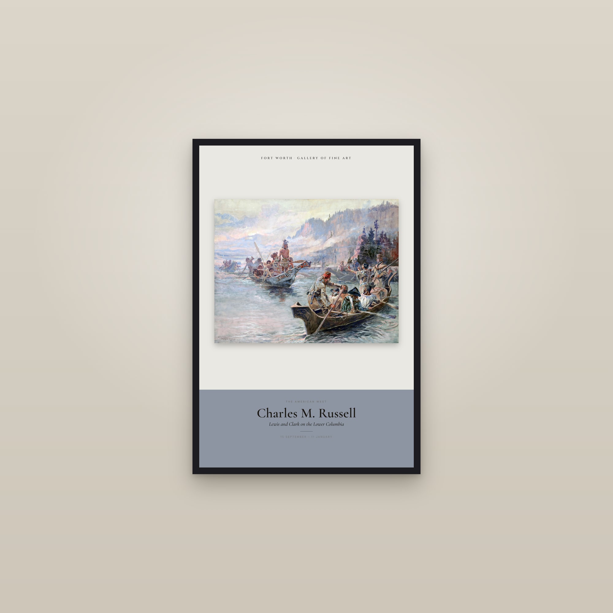 Lewis and Clark on the Lower Columbia — Exhibition Poster — framed in a gallery setting