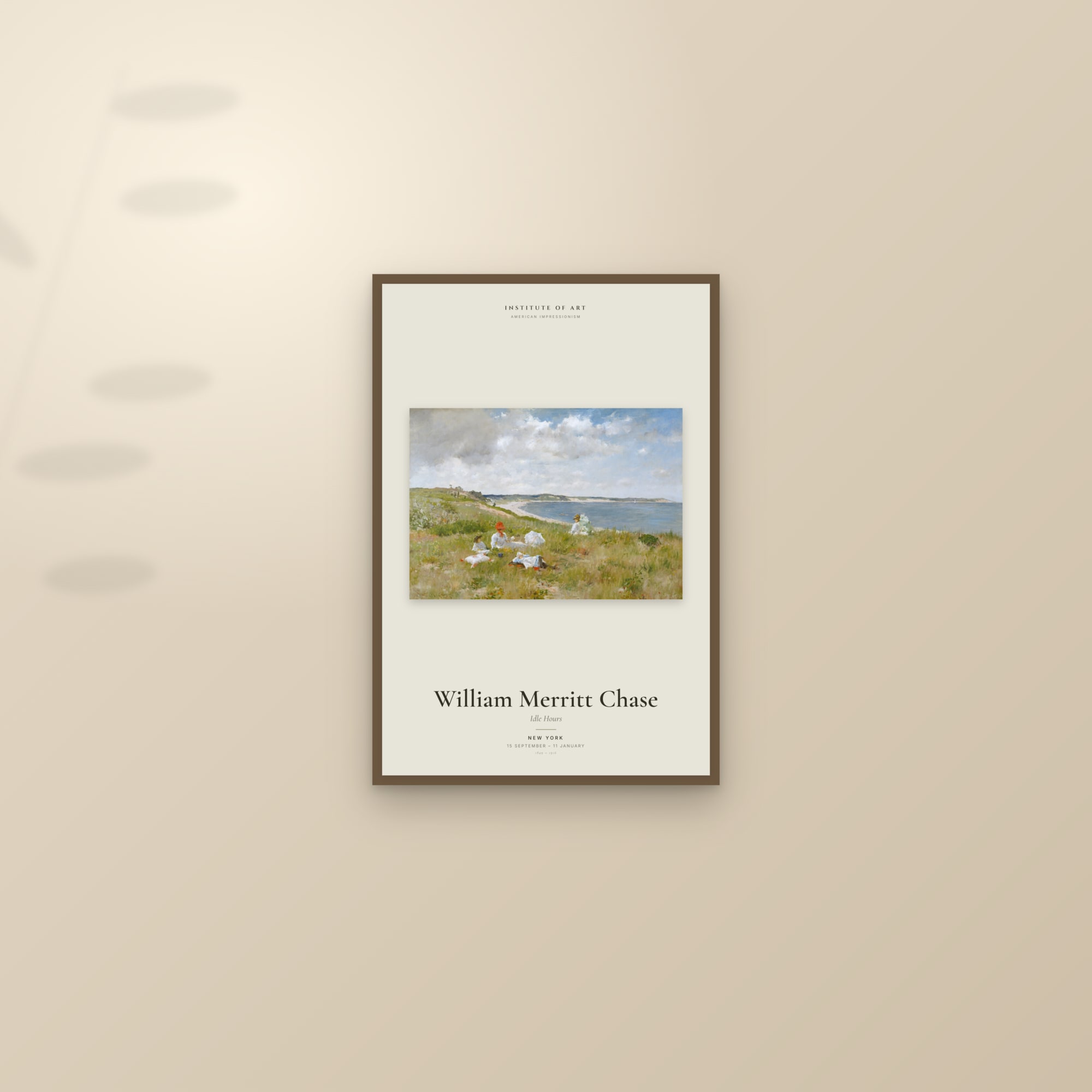 Idle Hours — Exhibition Poster — framed and styled on a sunlit wall