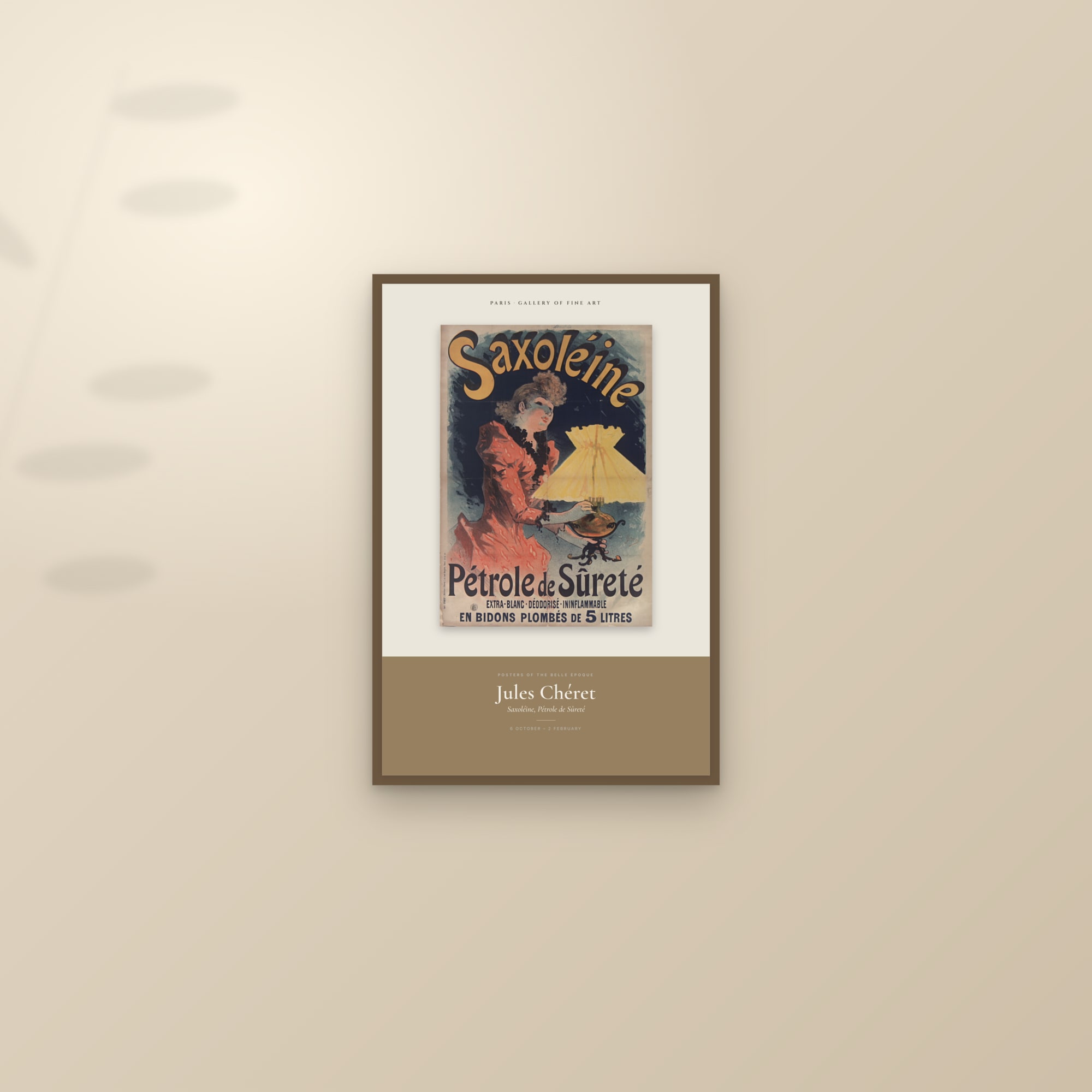 Saxoléine, Pétrole de Sûreté — Exhibition Poster — framed and styled on a sunlit wall