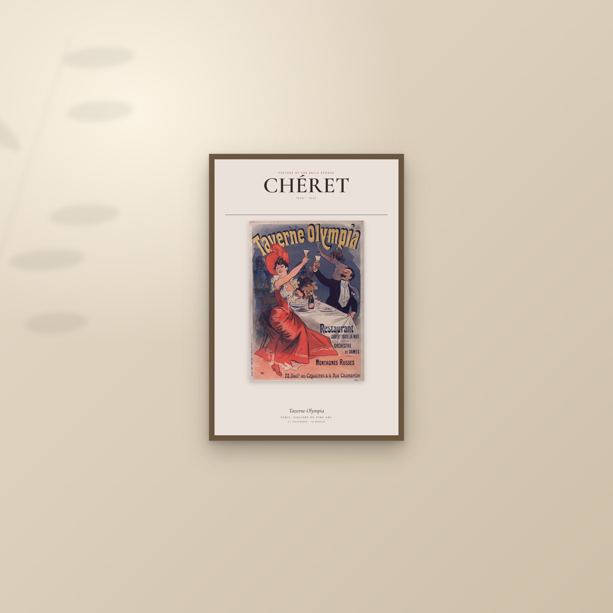 Taverne Olympia — Exhibition Poster — framed and styled on a sunlit wall