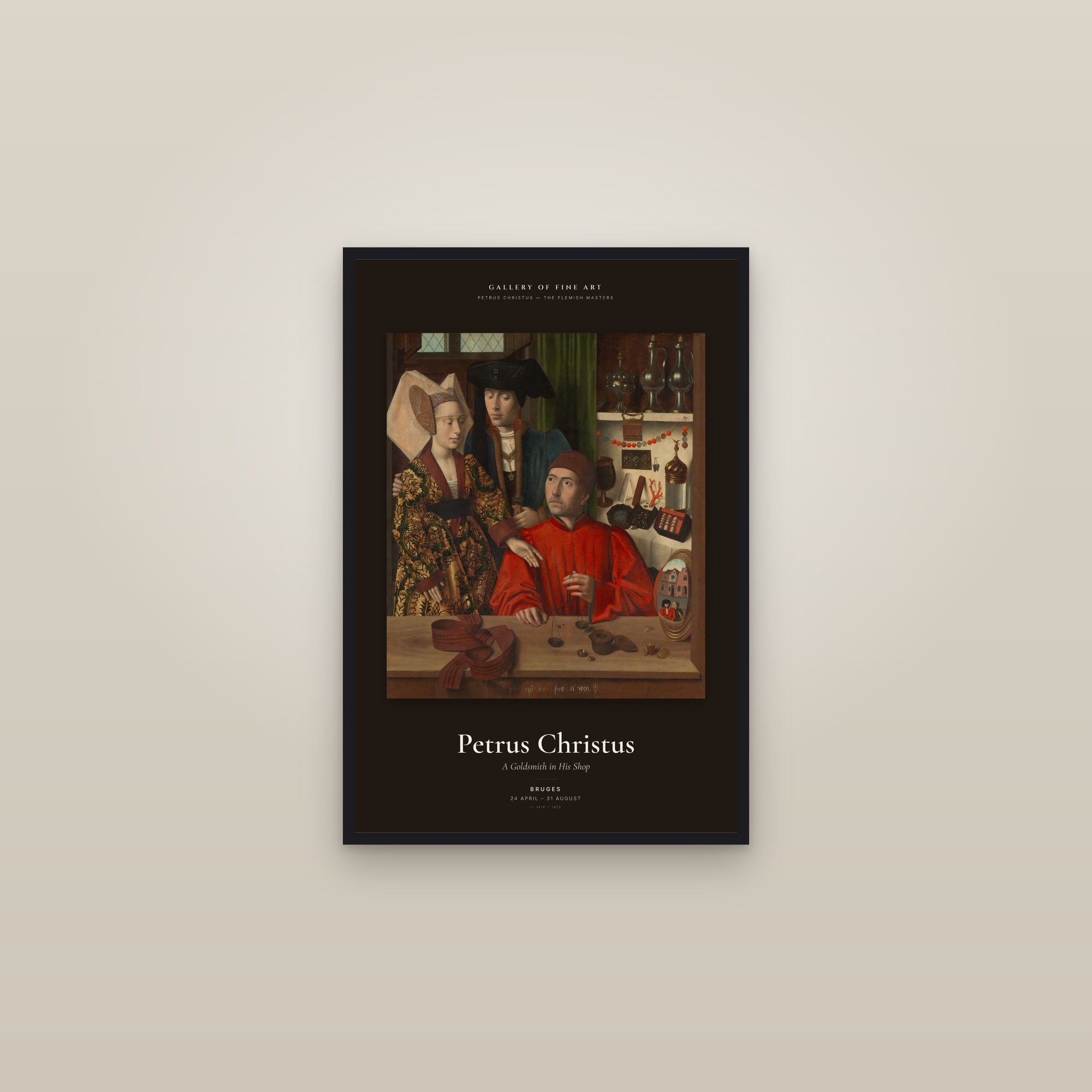 A Goldsmith in His Shop — Exhibition Poster — framed in a gallery setting