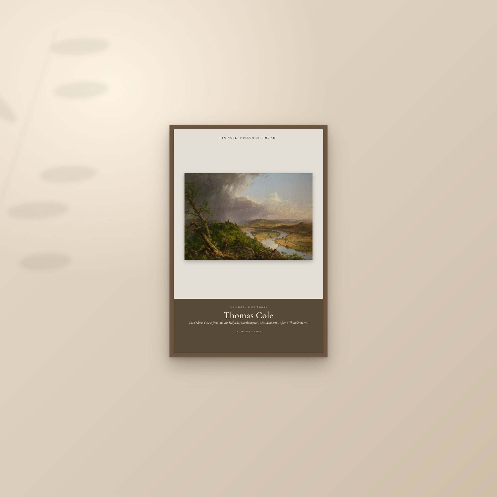 The Oxbow (View from Mount Holyoke, Northampton, Massachusetts, after a Thunderstorm) — Exhibition Poster — framed and styled on a sunlit wall