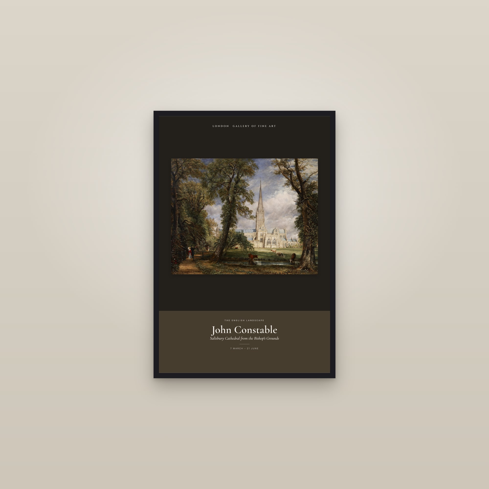 Salisbury Cathedral from the Bishop's Grounds — Exhibition Poster — framed in a gallery setting