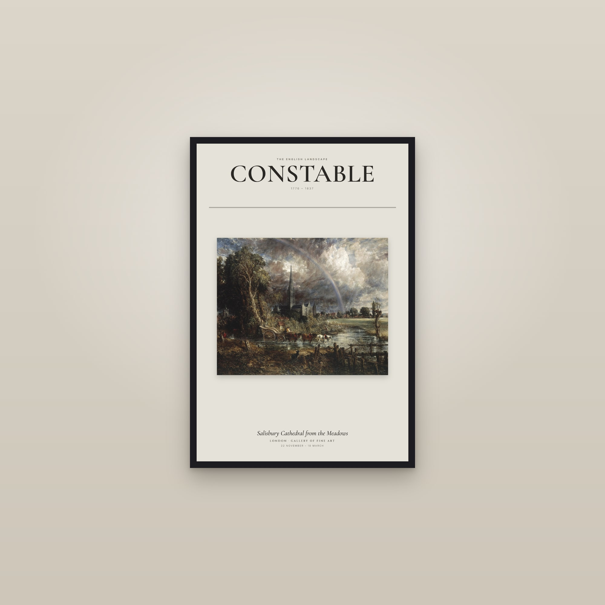 Salisbury Cathedral from the Meadows — Exhibition Poster — framed in a gallery setting