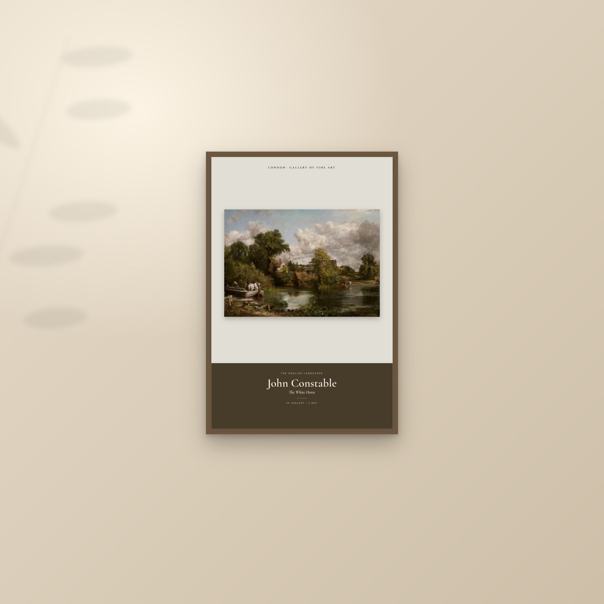The White Horse — Exhibition Poster — framed and styled on a sunlit wall