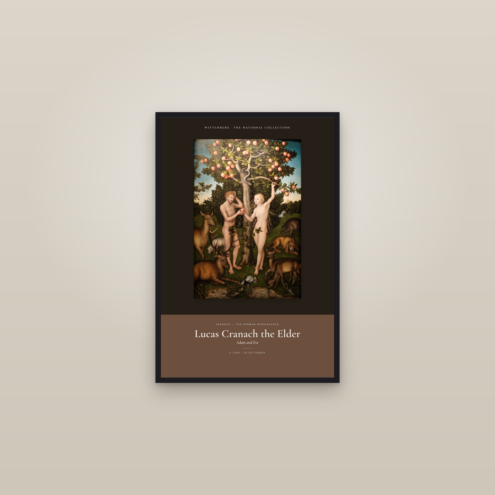 Adam and Eve (Cranach) — Exhibition Poster — framed in a gallery setting