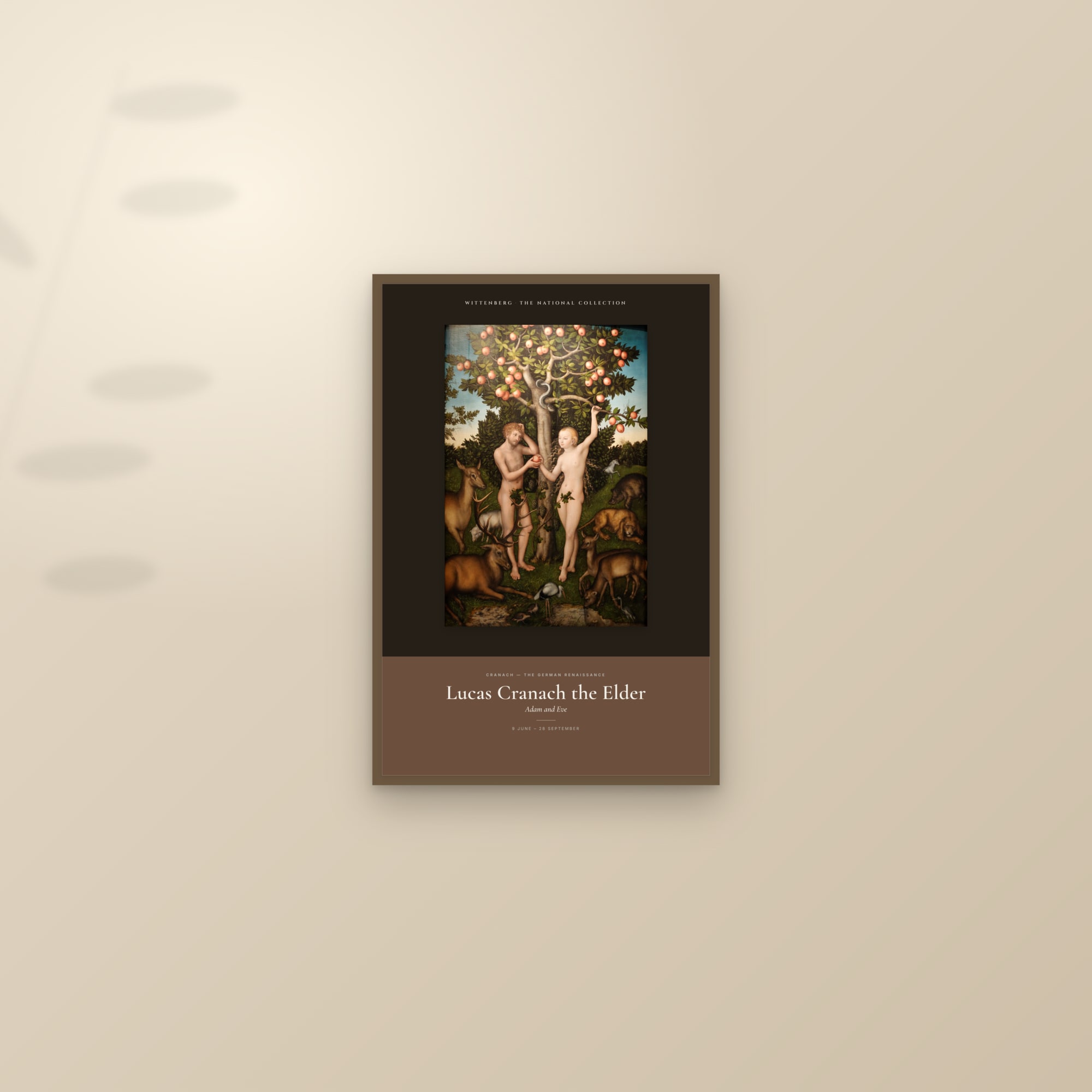 Adam and Eve (Cranach) — Exhibition Poster — framed and styled on a sunlit wall