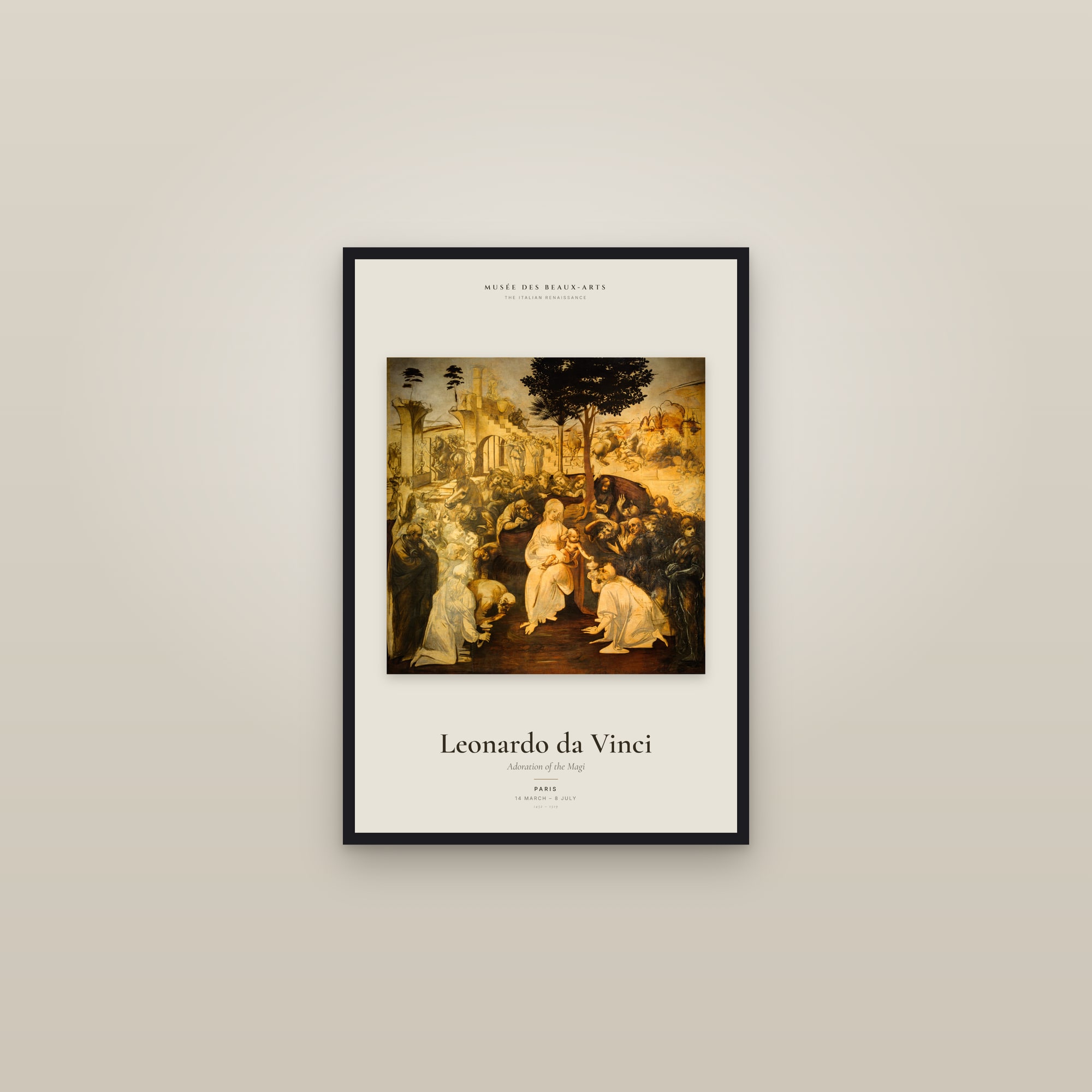 Adoration of the Magi — Exhibition Poster — framed in a gallery setting