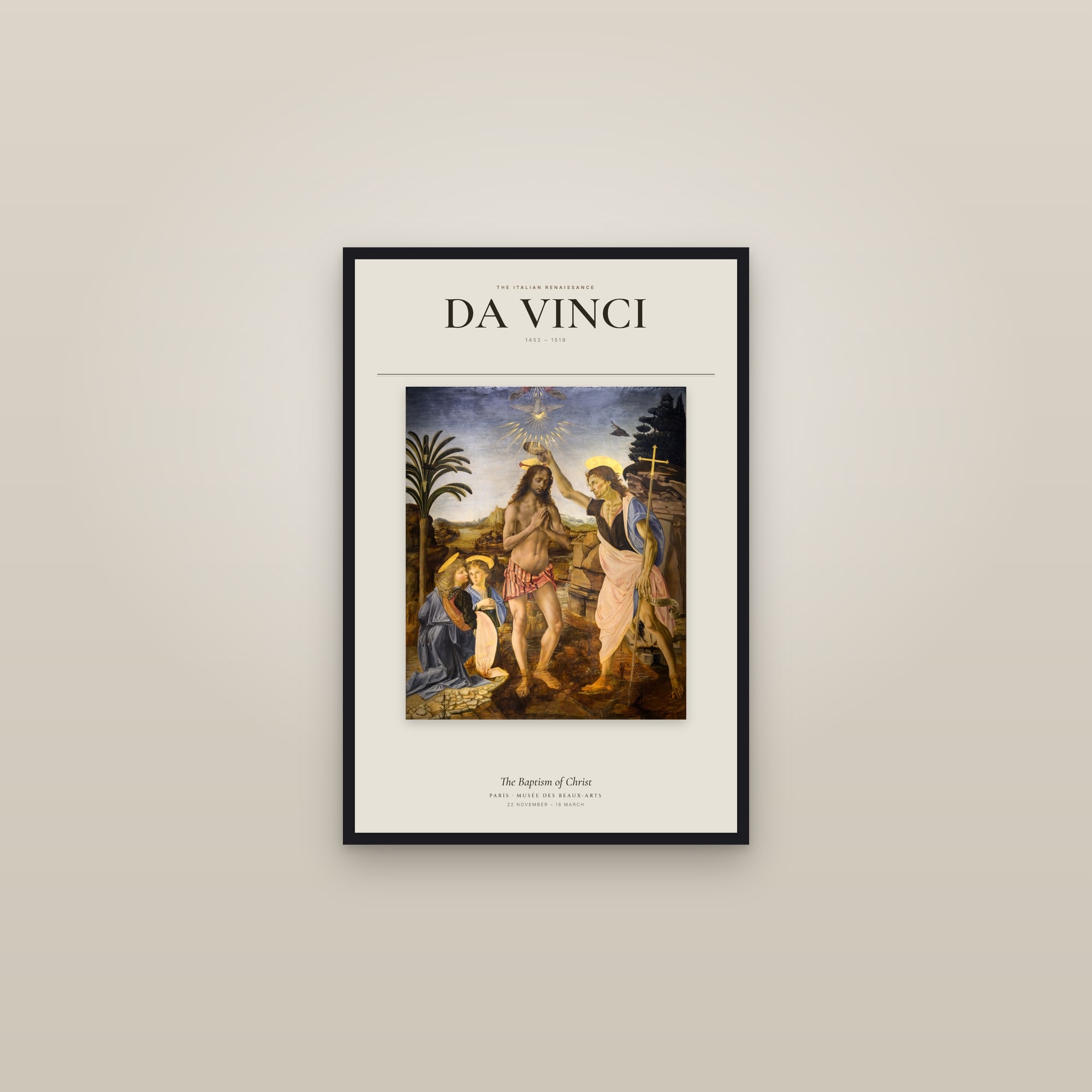 The Baptism of Christ (Da Vinci) — Exhibition Poster — framed in a gallery setting