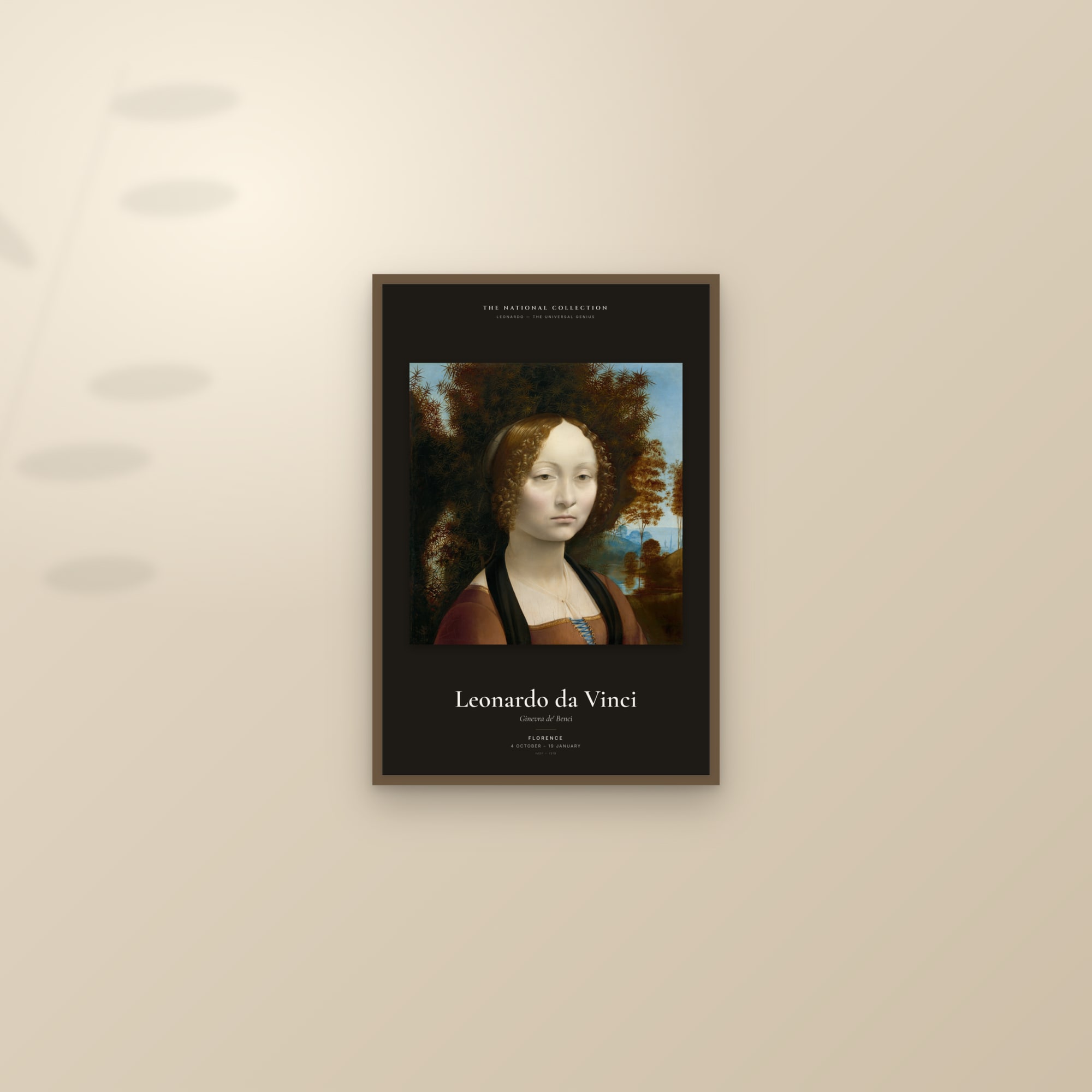 Ginevra de' Benci — Exhibition Poster — framed and styled on a sunlit wall