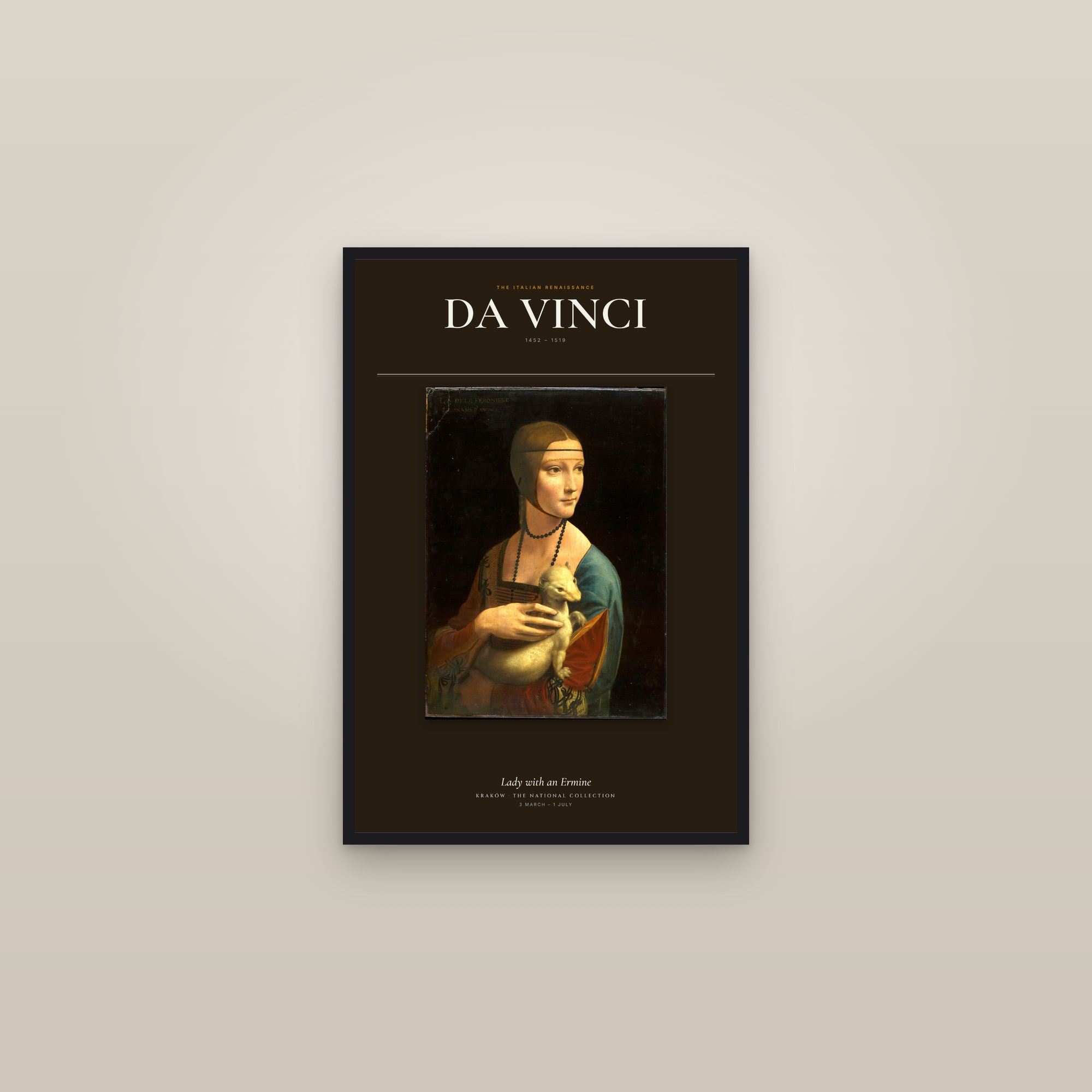 Lady with an Ermine — Exhibition Poster — framed in a gallery setting