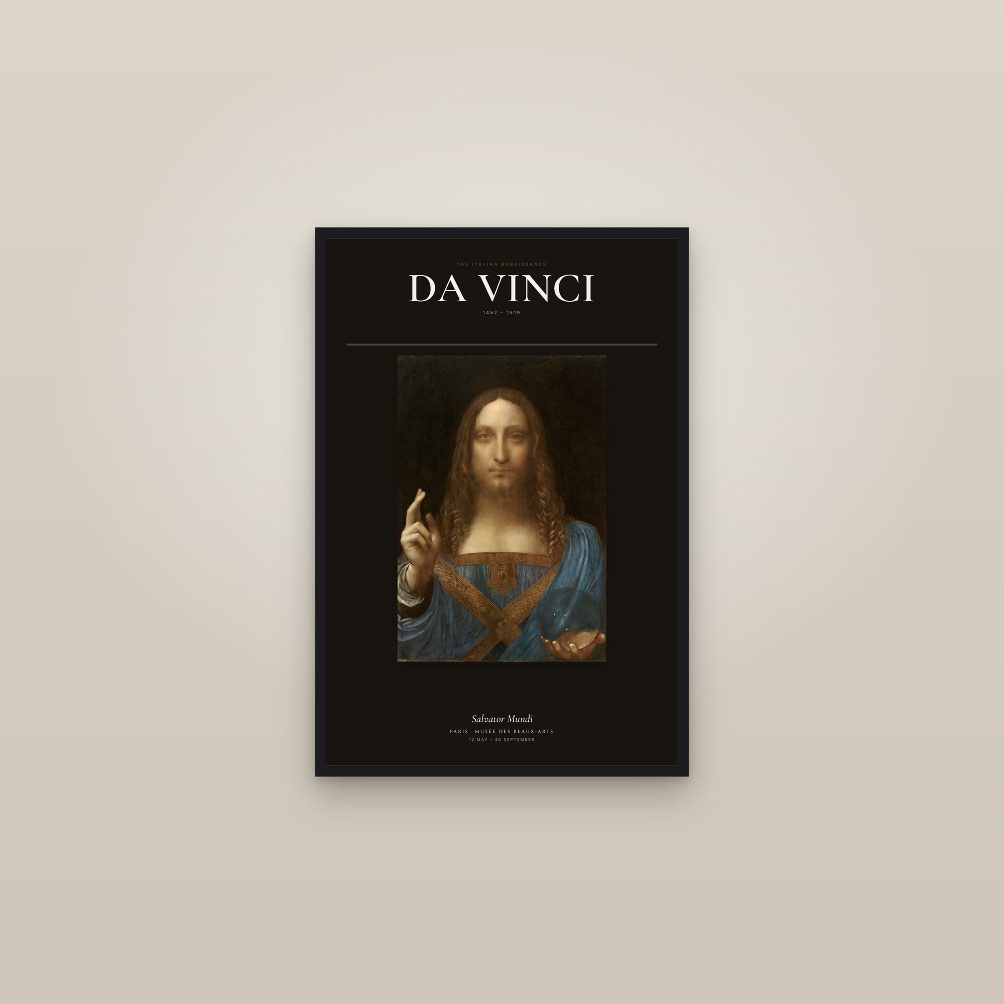 Salvator Mundi — Exhibition Poster — framed in a gallery setting
