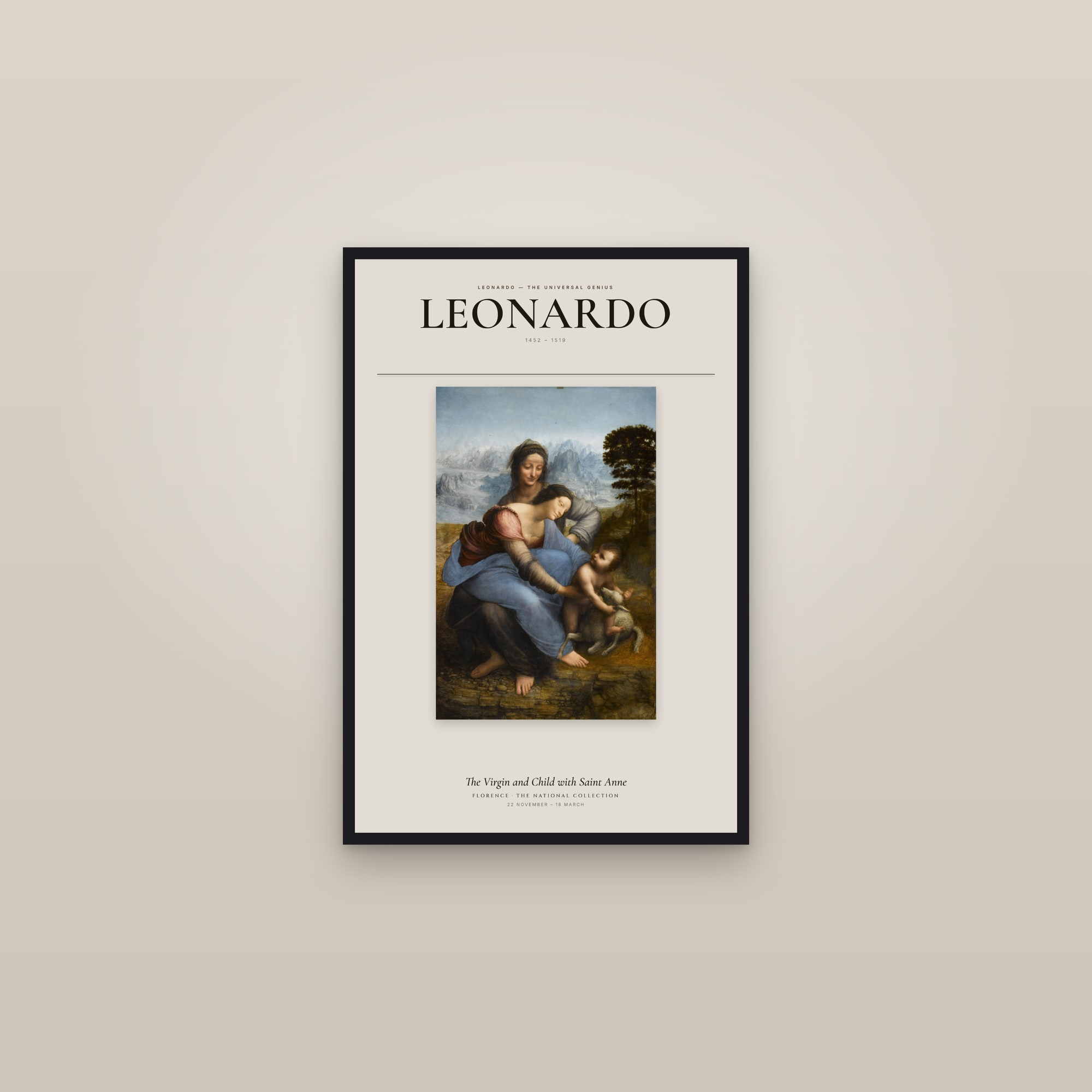The Virgin and Child with Saint Anne — Exhibition Poster — framed in a gallery setting