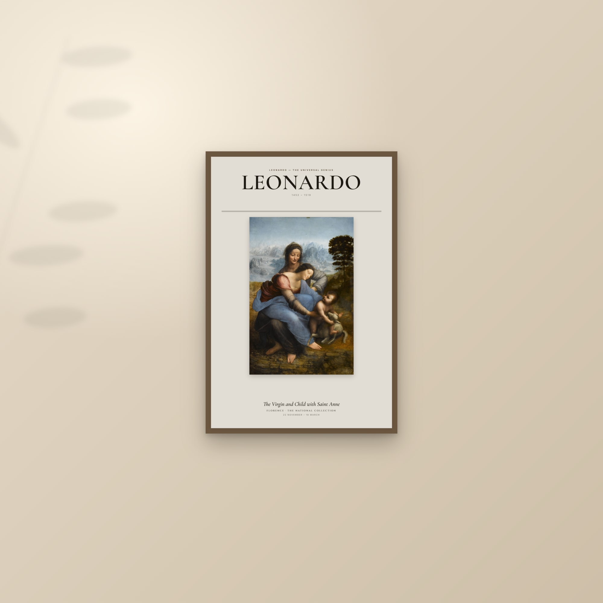 The Virgin and Child with Saint Anne — Exhibition Poster — framed and styled on a sunlit wall