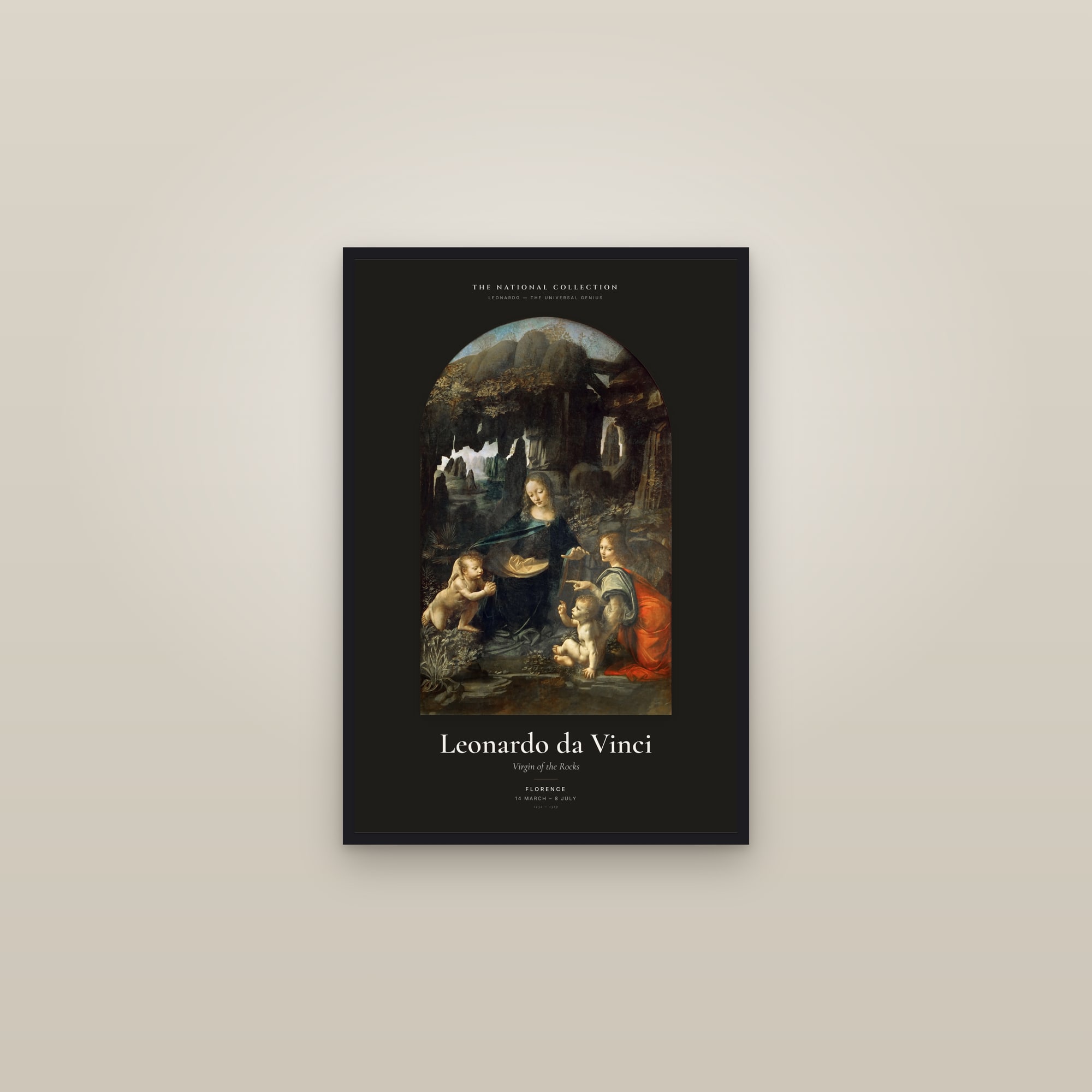 Virgin of the Rocks — Exhibition Poster — framed in a gallery setting