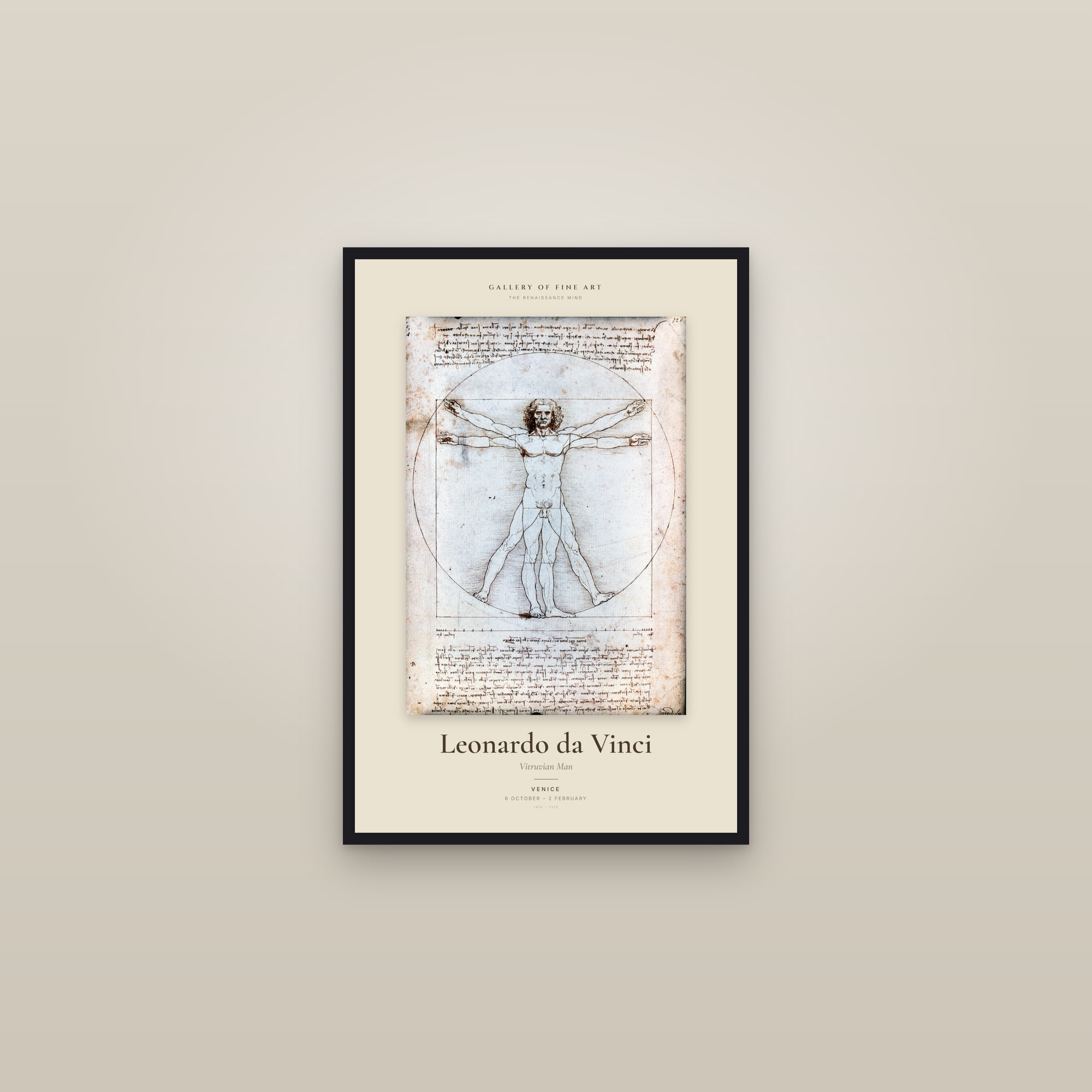 Vitruvian Man — Exhibition Poster — framed in a gallery setting