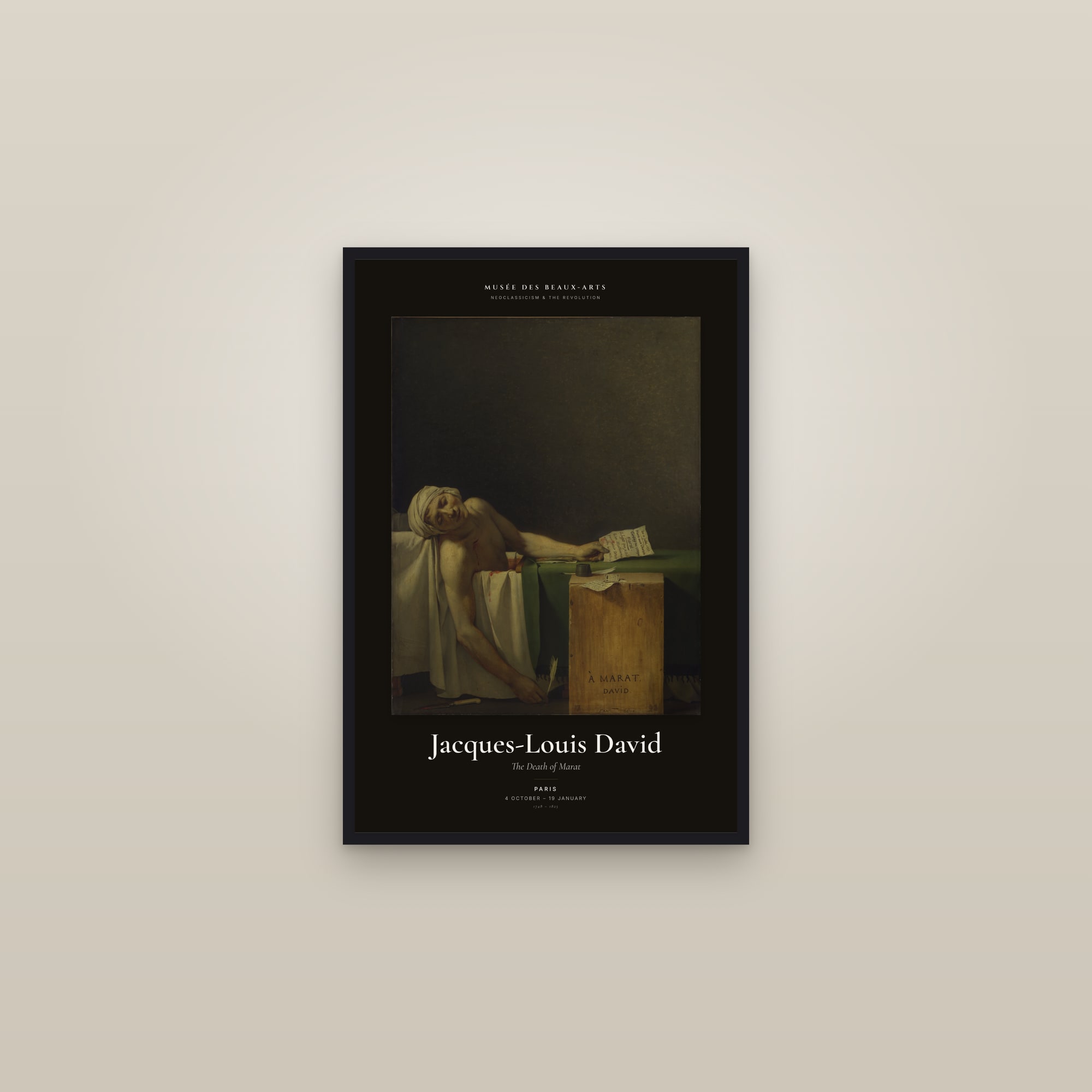 The Death of Marat — Exhibition Poster — framed in a gallery setting