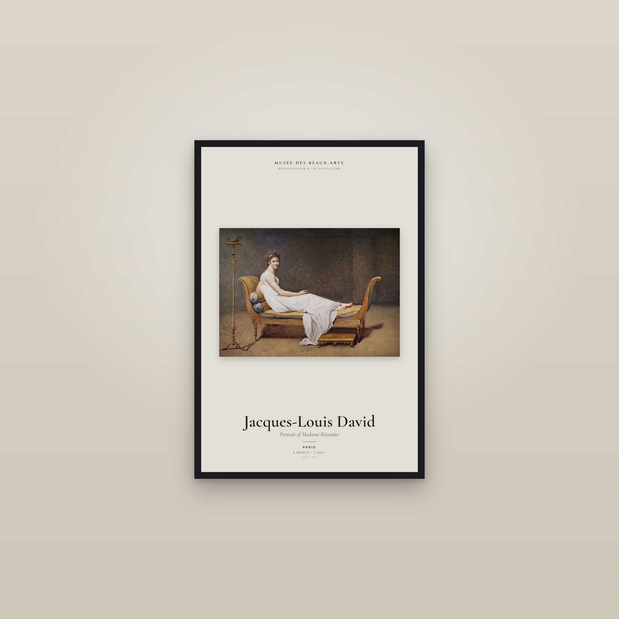 Portrait of Madame Récamier — Exhibition Poster — framed in a gallery setting