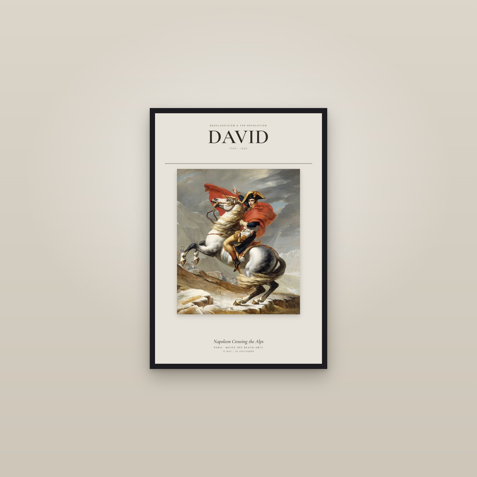 Napoleon Crossing the Alps — Exhibition Poster — framed in a gallery setting