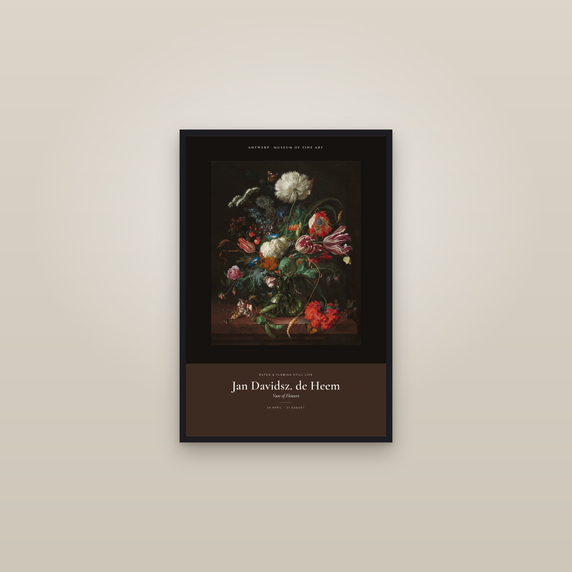 Vase of Flowers (De Heem) — Exhibition Poster — framed in a gallery setting