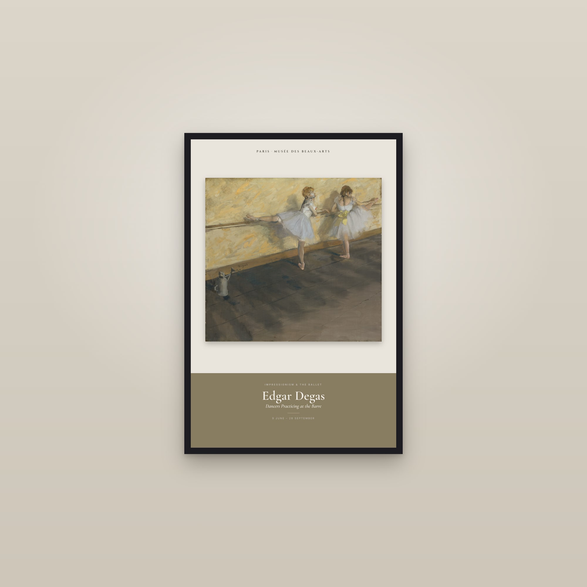 Dancers Practicing at the Barre — Exhibition Poster — framed in a gallery setting