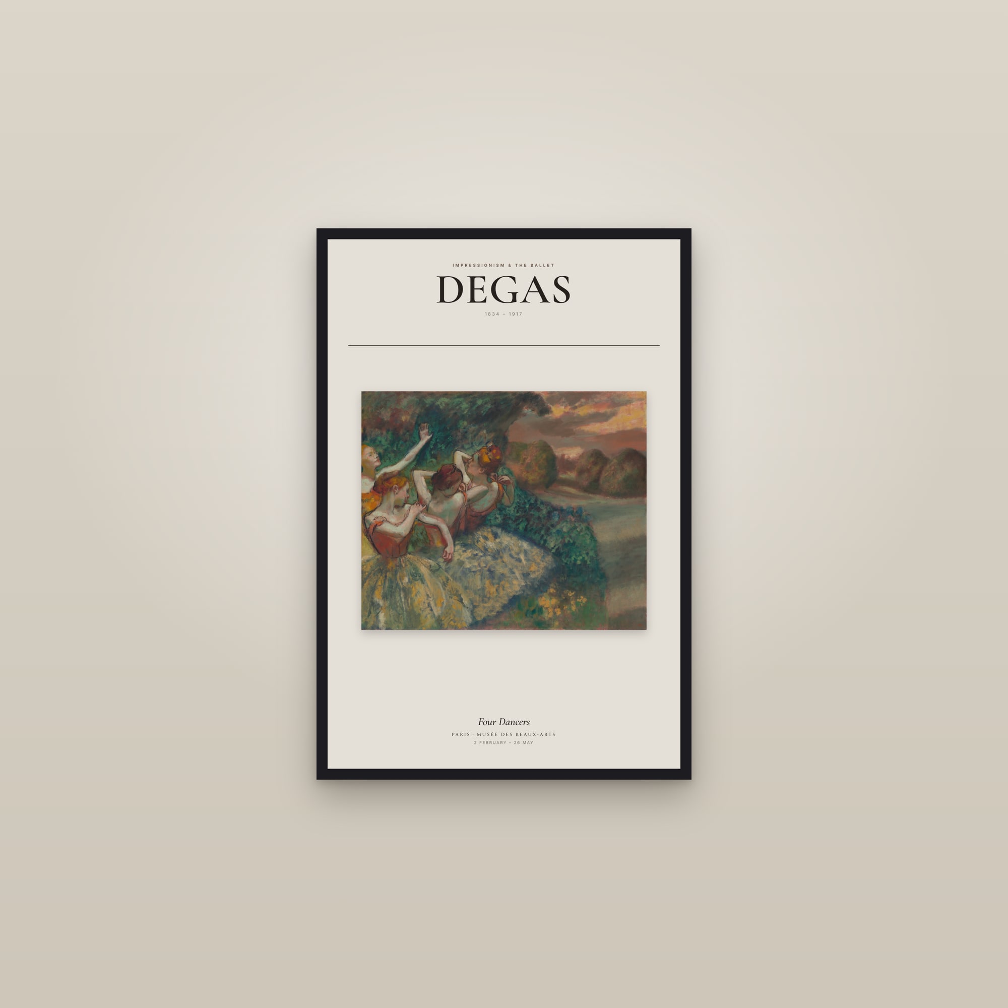 Four Dancers — Exhibition Poster — framed in a gallery setting