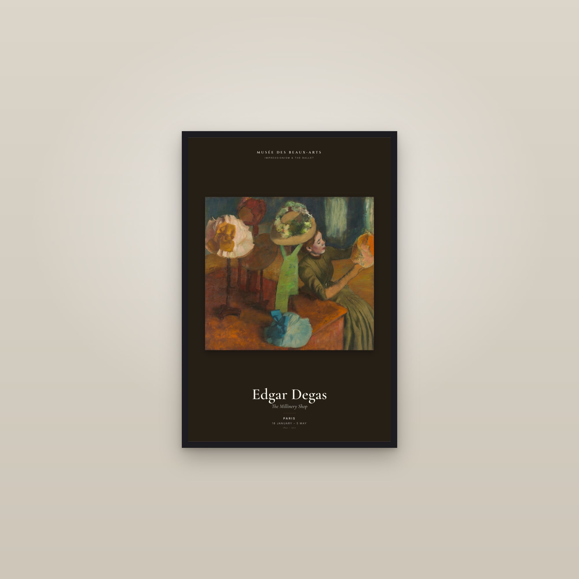 The Millinery Shop — Exhibition Poster — framed in a gallery setting