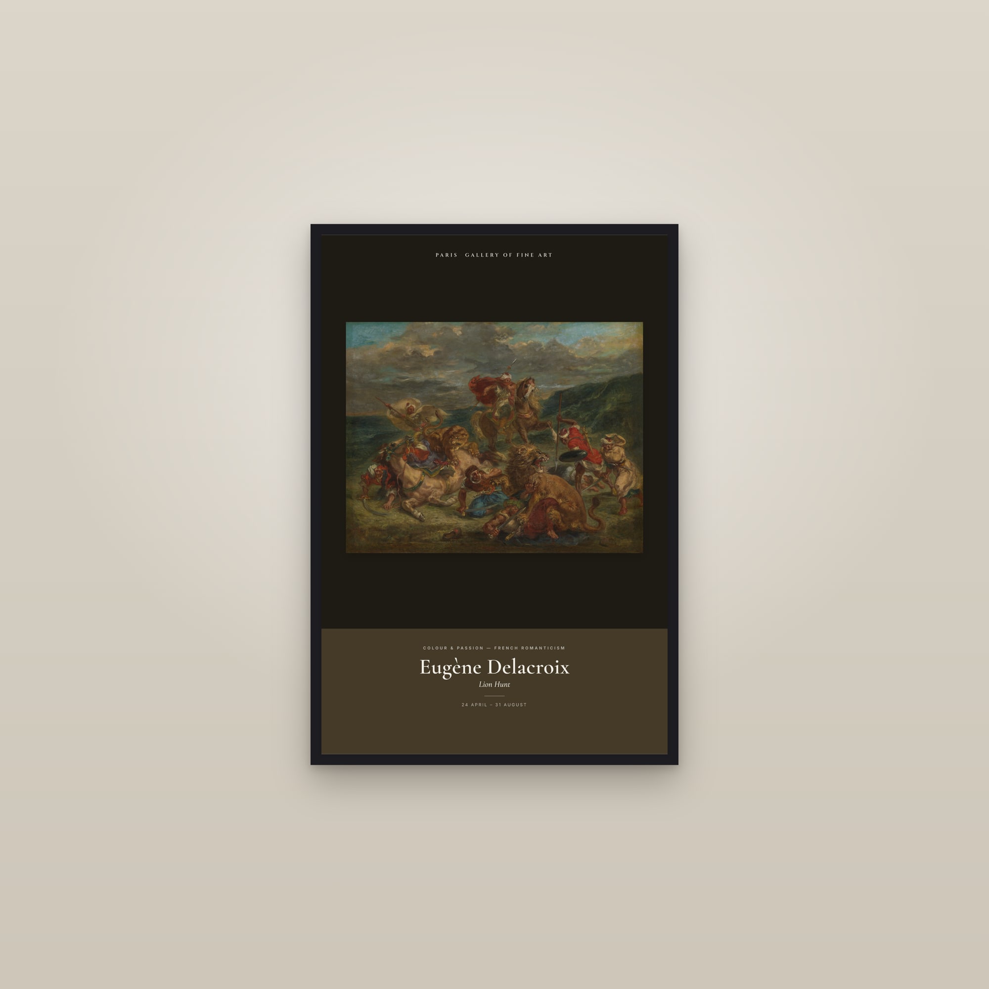 Lion Hunt — Exhibition Poster — framed in a gallery setting