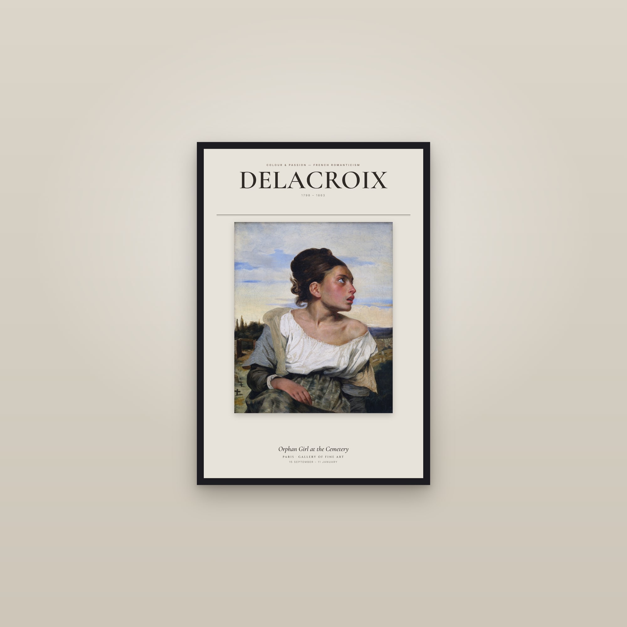 Orphan Girl at the Cemetery — Exhibition Poster — framed in a gallery setting