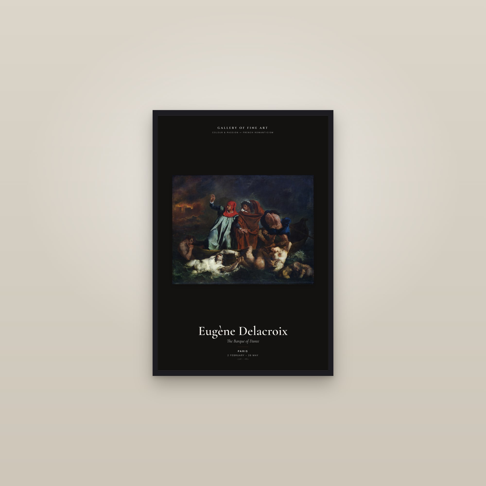 The Barque of Dante — Exhibition Poster — framed in a gallery setting