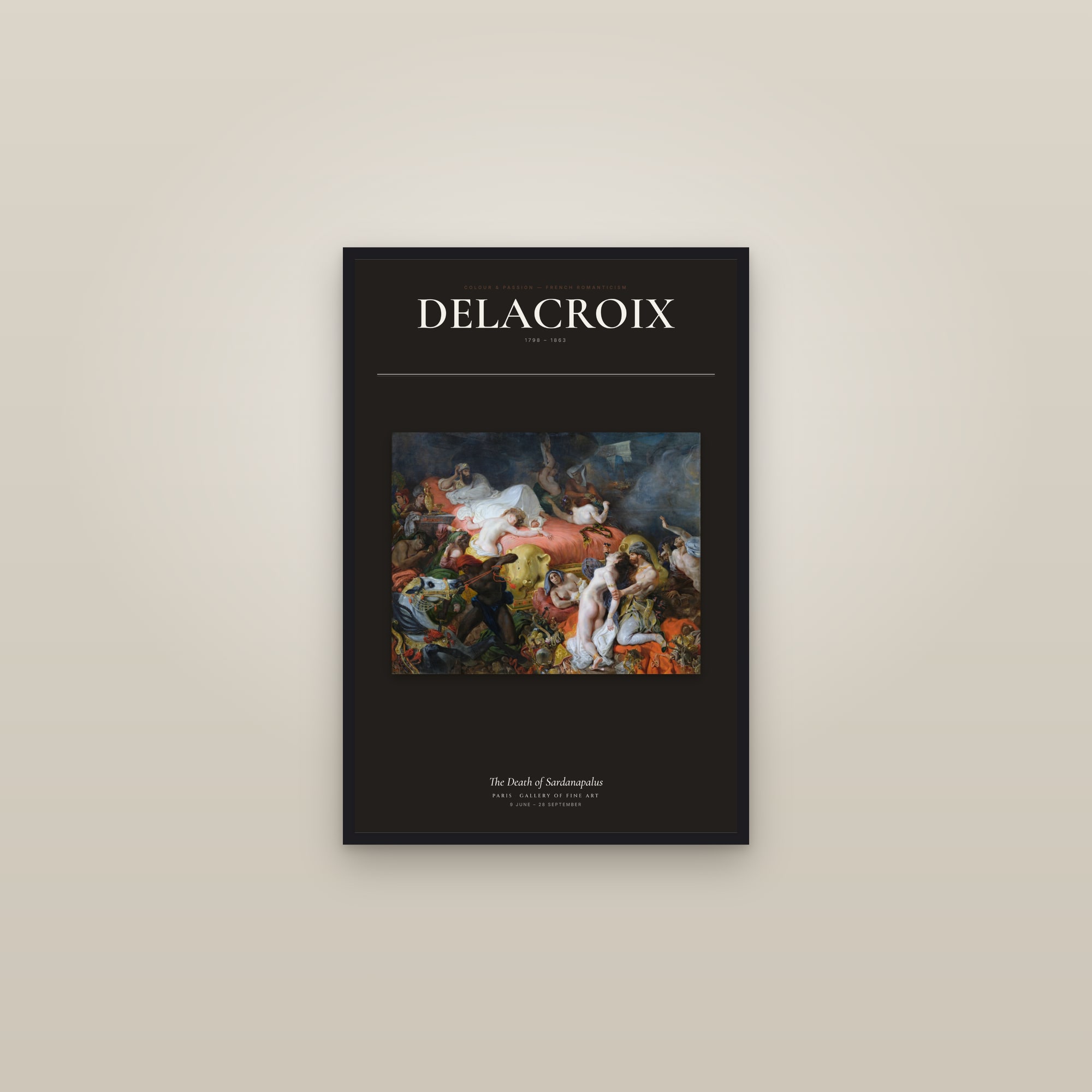 The Death of Sardanapalus — Exhibition Poster — framed in a gallery setting