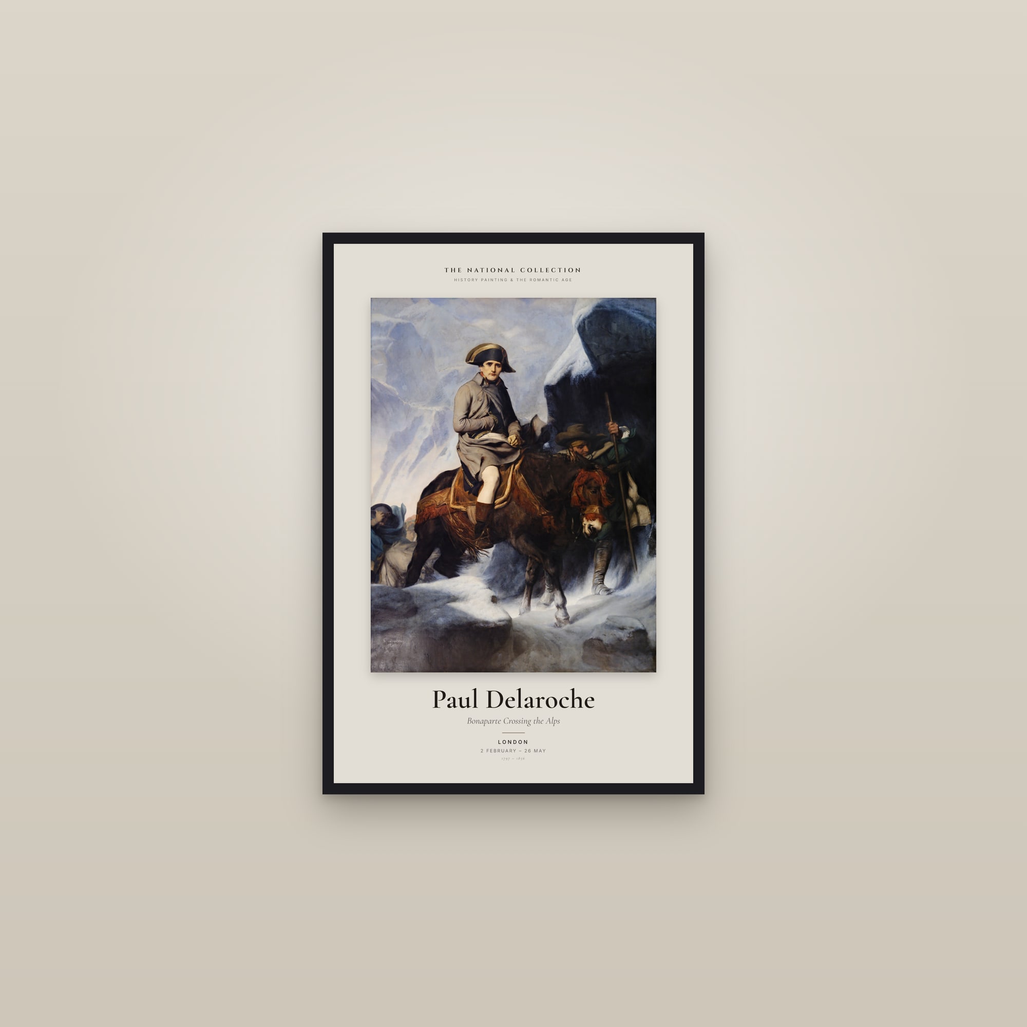 Bonaparte Crossing the Alps — Exhibition Poster — framed in a gallery setting