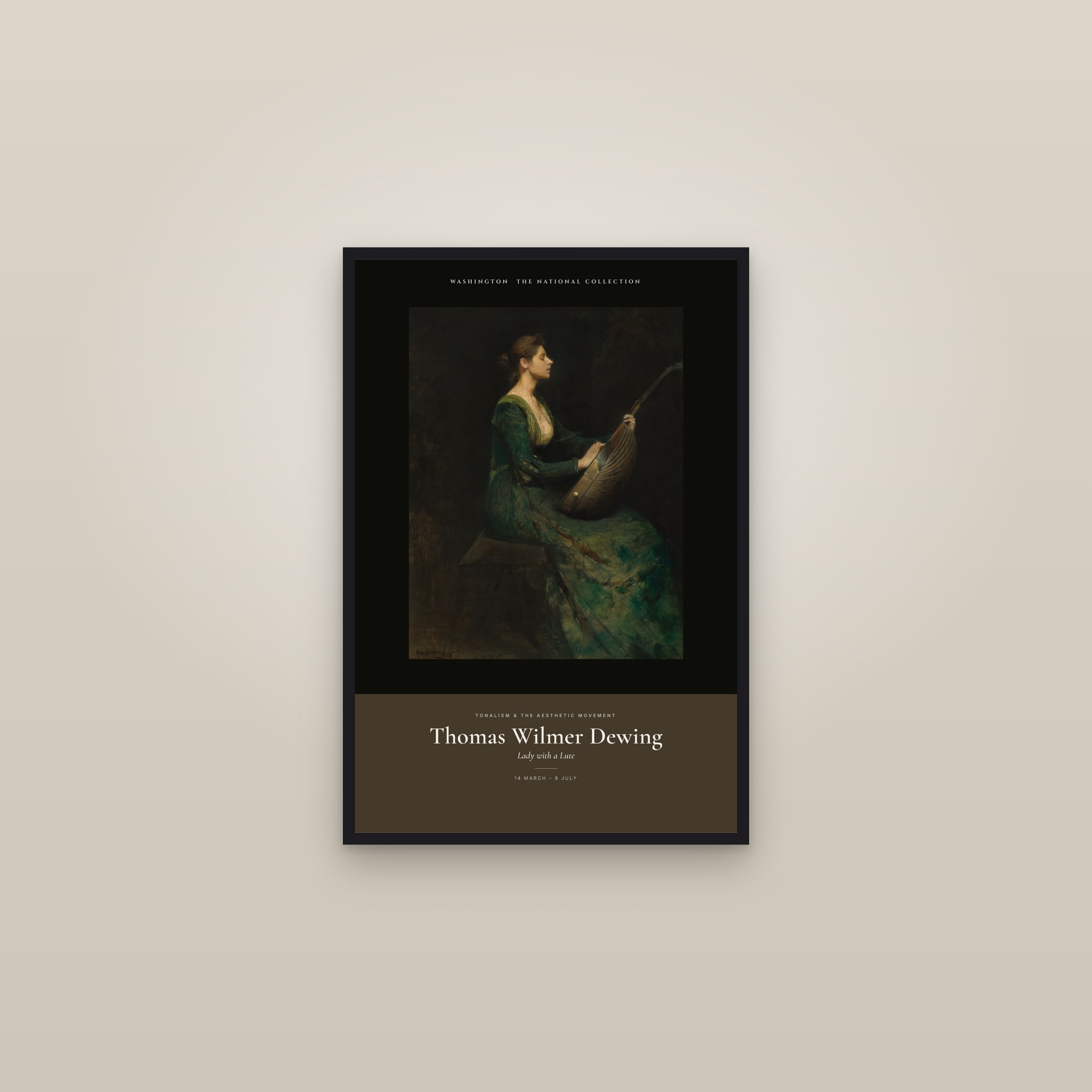 Lady with a Lute — Exhibition Poster — framed in a gallery setting